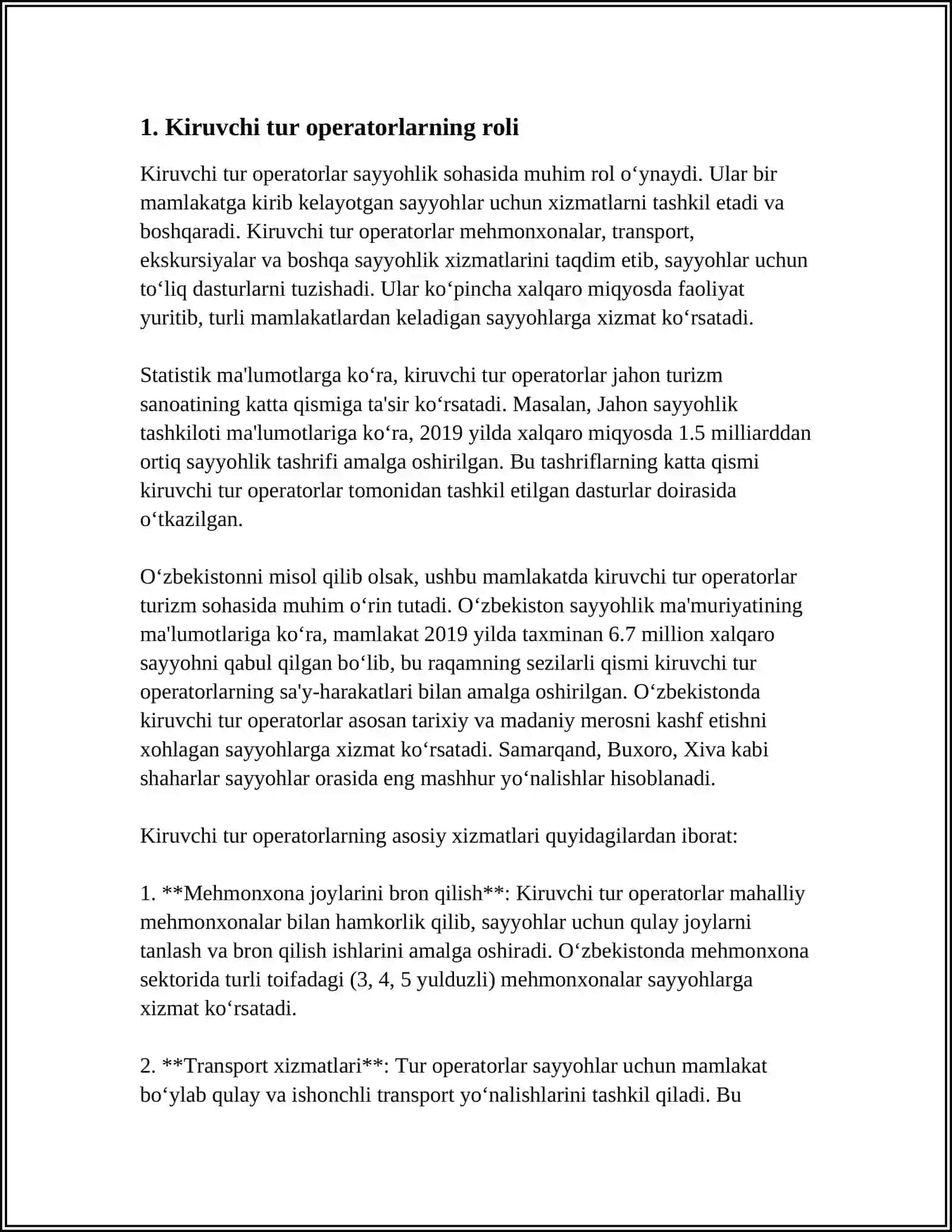 O‘zbekiston Respublikasi Oliy Ta’lim Fan va Innovatsiya Vazirligi Namangan Kiut Turizm Mustaqil Ish 3