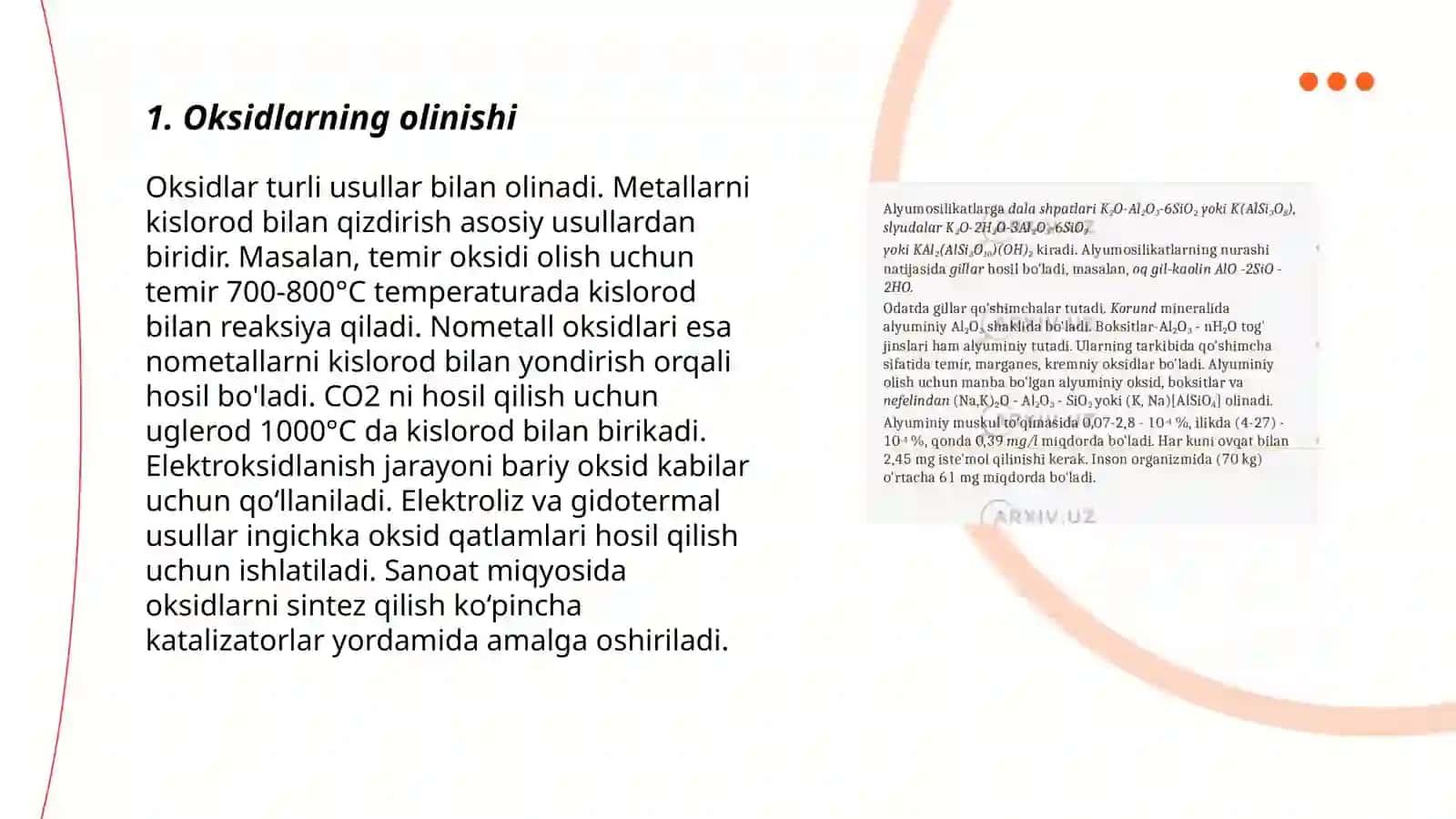 Oksidlar, asoslar, kislatalar va tuzlarning olinishi, xossalari ishlatilishi. Modda tuzilishi 3