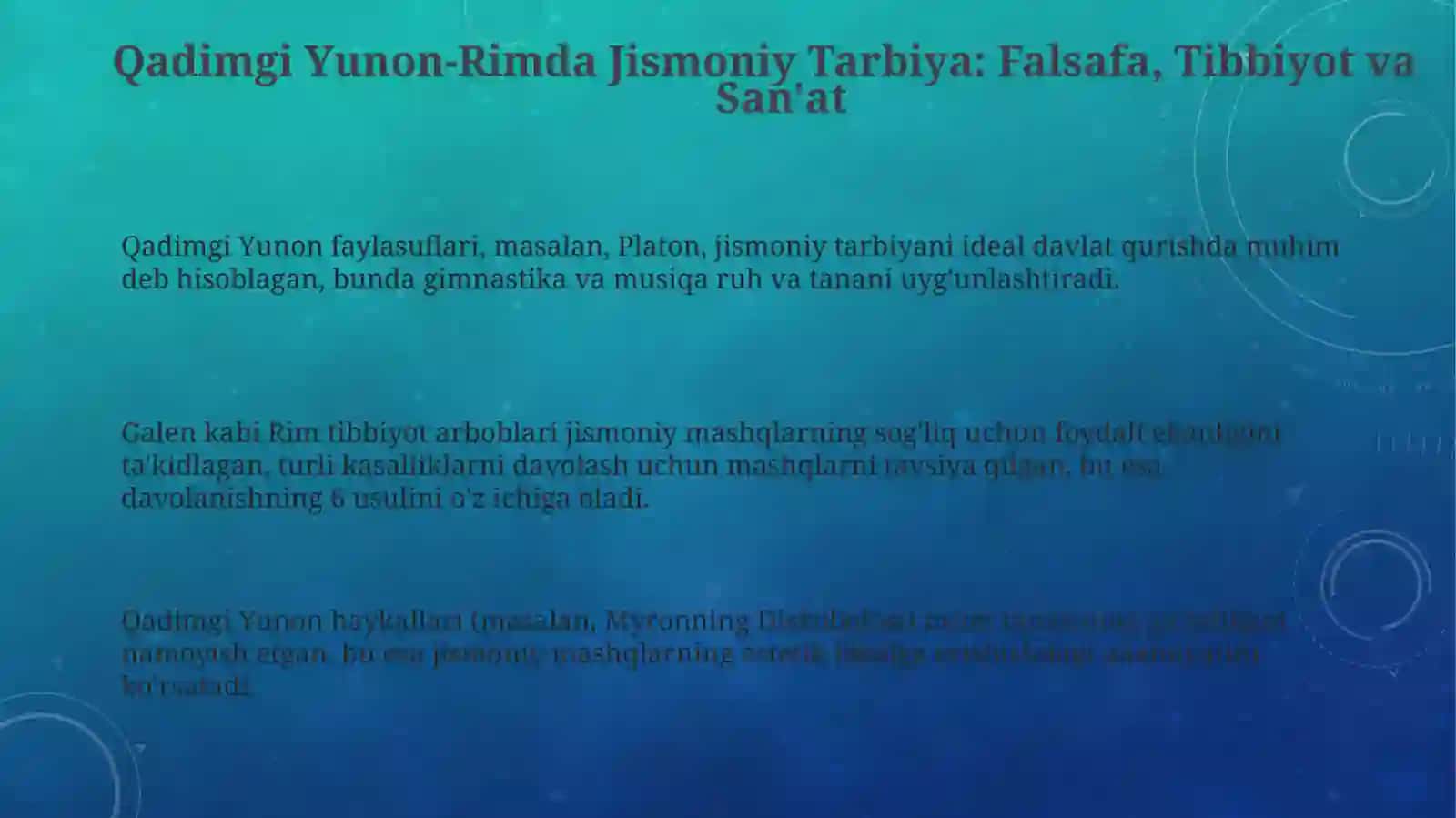 Qadimgi yunon-rum falsafasi, tibbiyoti va sanʼatida jismoniy tarbiya masalalari 3