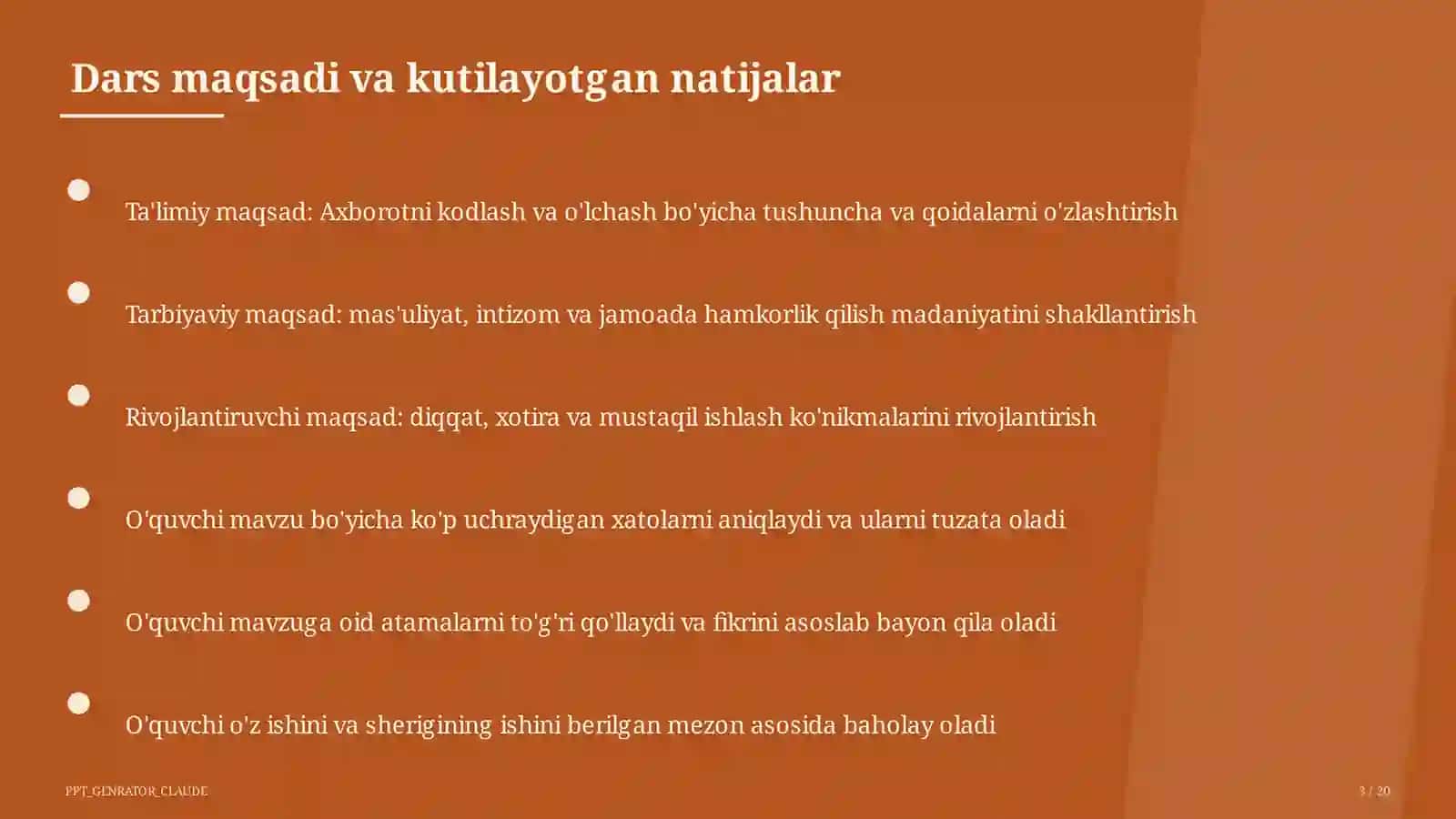 Axborotni kodlash va o'lchash (7-sinf) Informatika va axborot texnologiyalari (5– 11) — takrorlash darsi uchun 3