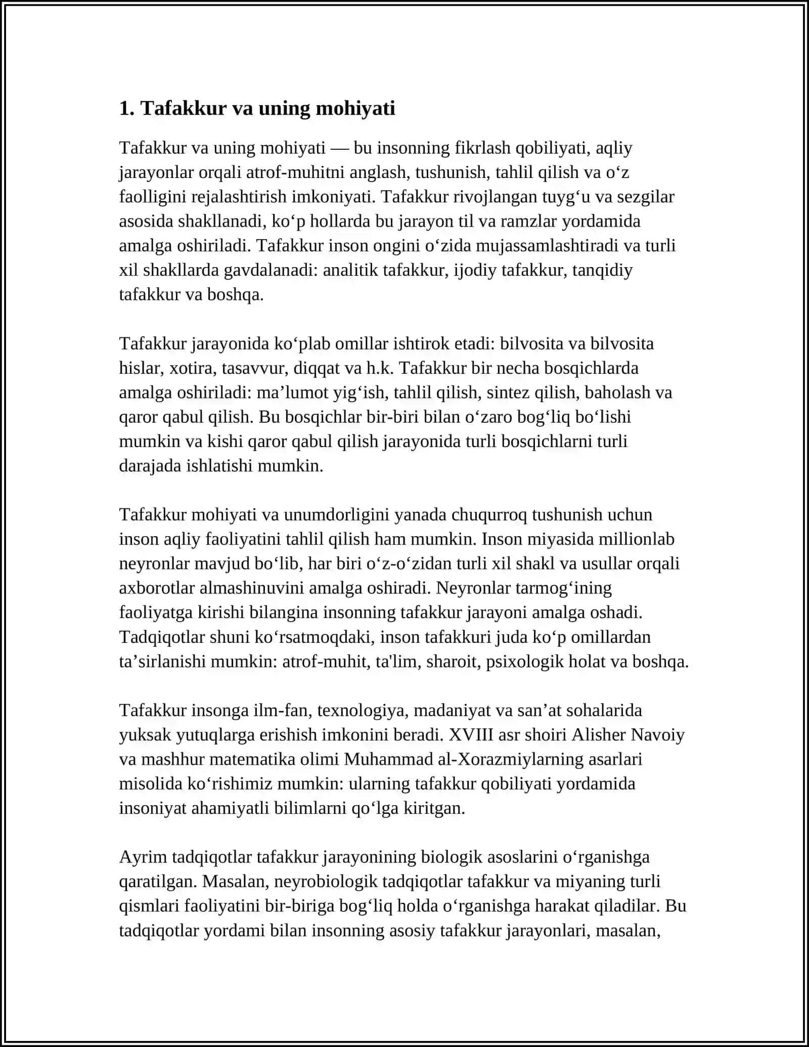 TAFAKKUR RIVOJLANISH XUSUSIYATLARI.INSON INTELEKTUAL TARAQQIYOTIDA TAFAKKUR OʻRNI 3