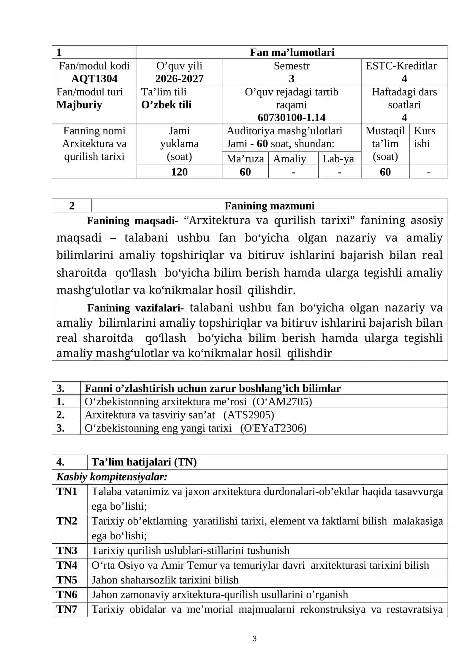 Arxitektura va qurilish tarixi fanining o‘quv dasturi.docx 3