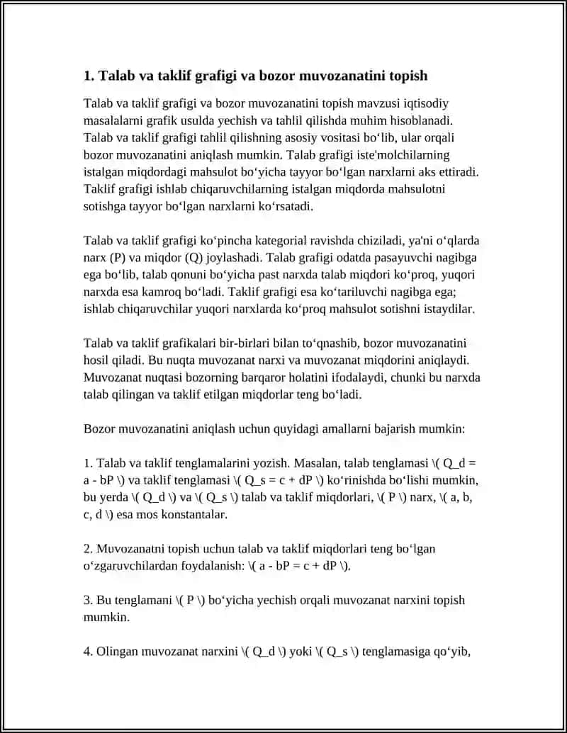 Talab va taklif grafigi va bozor muvozanatini topish 3
