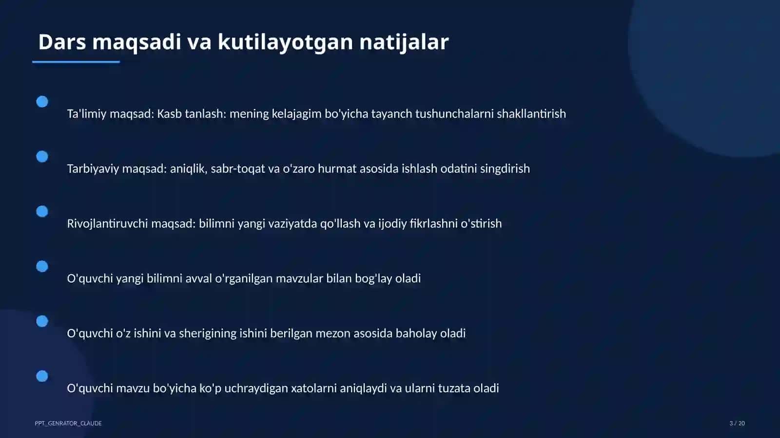 Sinf soati va tarbiyaviy tadbirlar (1–11) — ochiq dars uchun 3