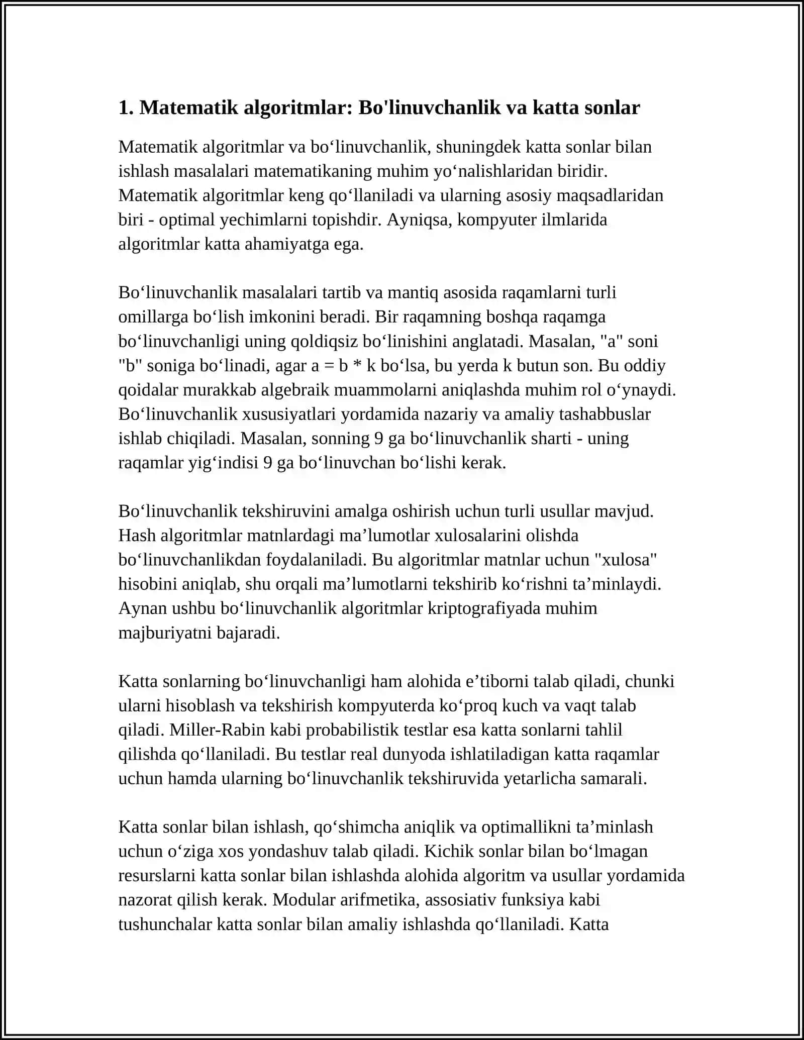 MUSTAQIL ISH Mavzu: MATEMATIK ALGORITMLAR: DIVISIBILITY & LARGE NUMBERS,PRIME NUMBERS & PRIMALITY TESTS PRIME FAKTORIZATION & DIVISORS, MODULAR ARITHMETIC,CATALAN NUMBERS, NCR COMPUTATIONS, SET THEORY,SIEVE ALGORITHMS EULER TOTIENT FUNCTION, CHINESE REMAINDER THEOREM 3