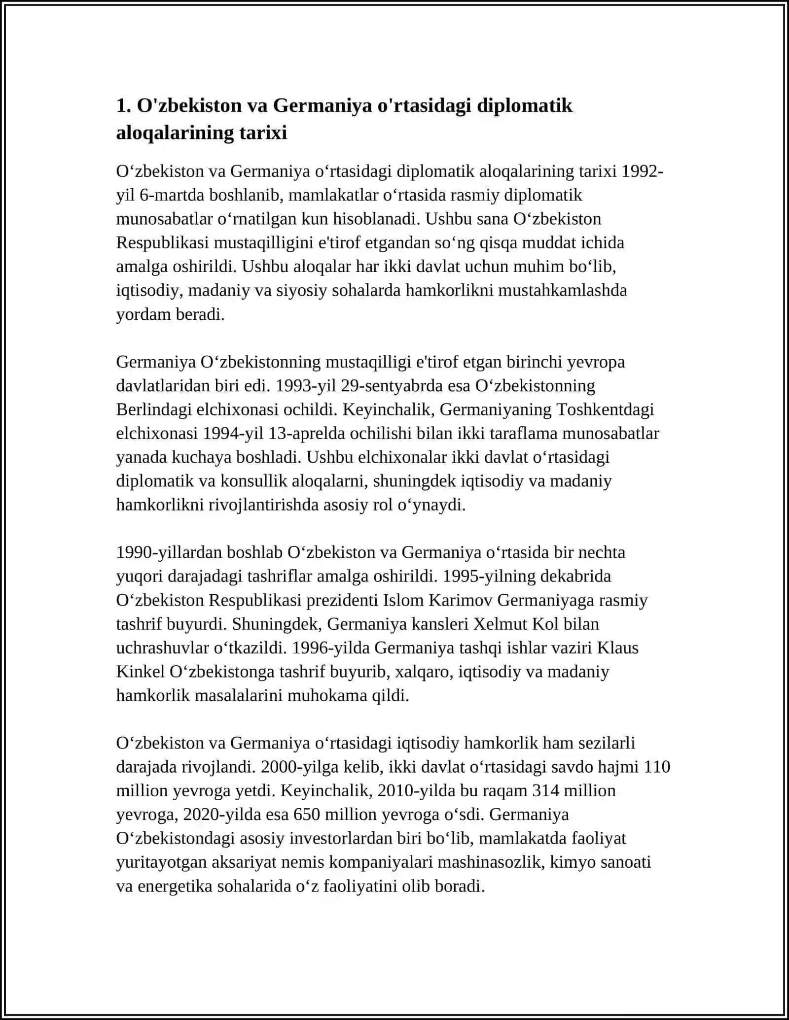 O'ZBEKISTON TASHQI SIYOSATINING HUQUQIY ASOSLARI FANIDAN "O'ZBEKISTON RESPUBLIKASINING GERMANIYA BILAN HAMKORLIGI VA ULARNING HUQUQIY ASOSLARI" MAVZUSIDA REFERAT/MUSTAQIL ISH 3