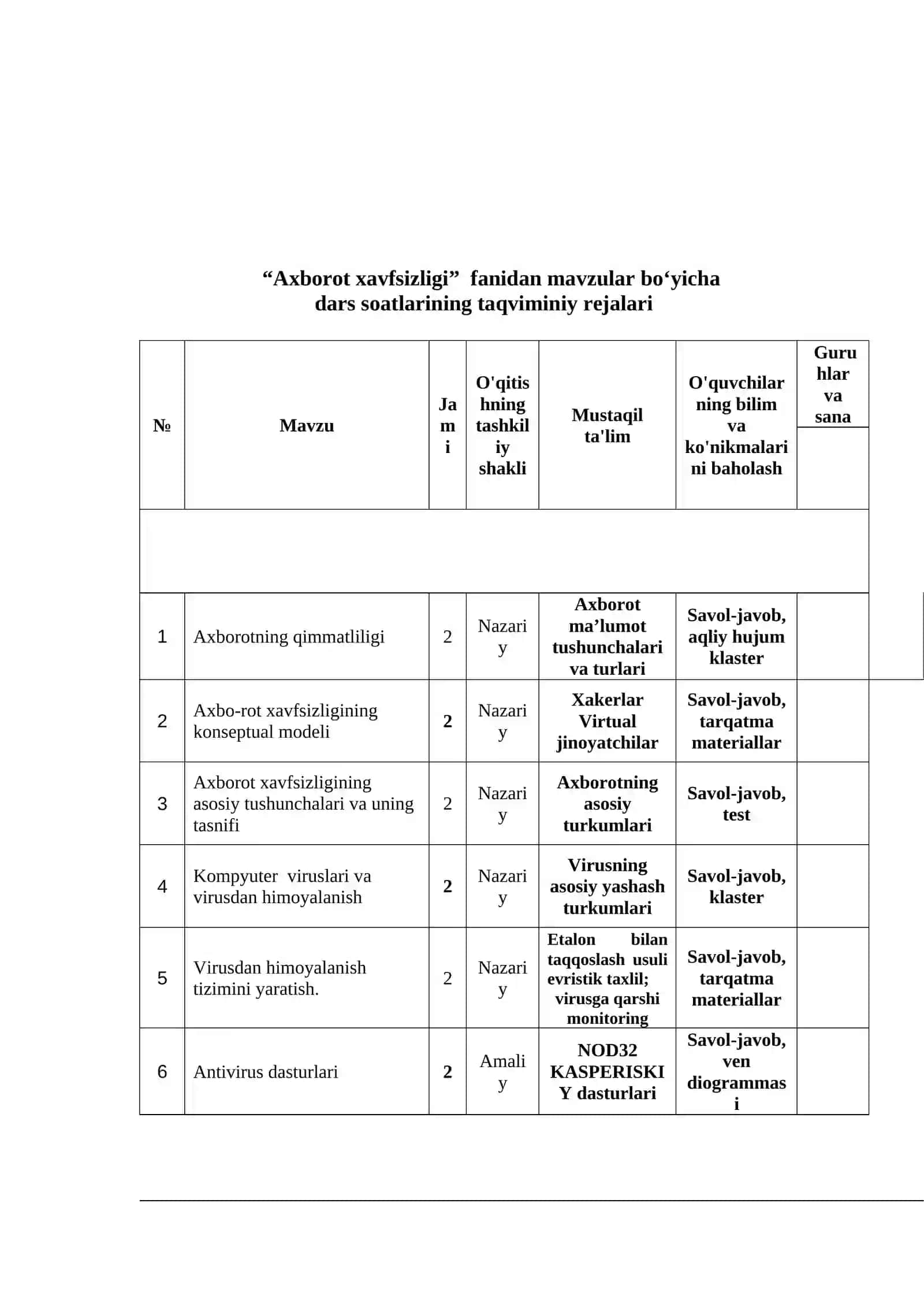 Axborot xavfsizligi  FANIDAN   O’QITISH MATERIALLARI 3