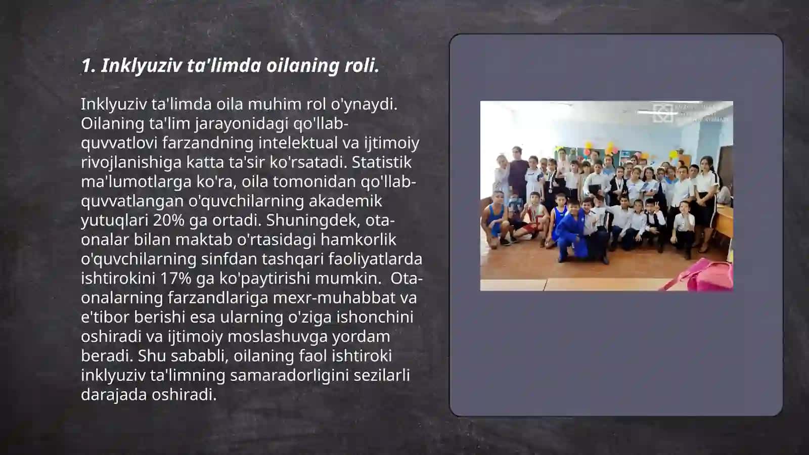alohida yordamga muhtoj bolani umumta'lim maktabi yoki maktabgacha tashkilotda inklyuziv ta'lim sharoitida o'qishga moslashishida oila va maktabning o'rni 3