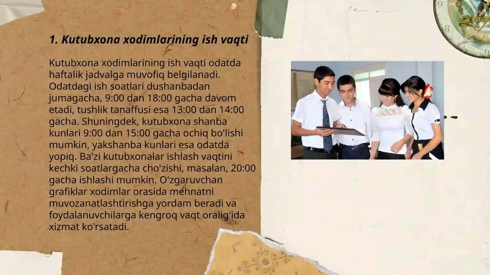Kutubxona ishini tashkil etish. Ish vaqti va me'yorlari 3