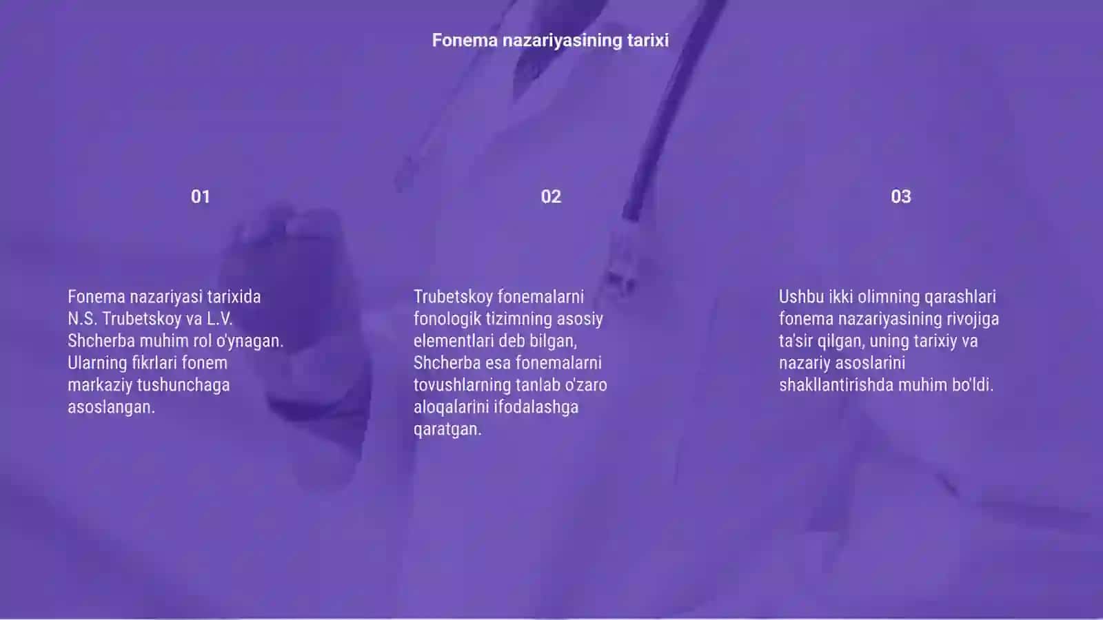 Fonema nazariyasi tarixidan. Fonemalar haqida turli 2 fonologik maktab vakillarining fikrlari (N.S. Trubetskoy, L.V. Shcherba qarashlarini o'rganish) 3