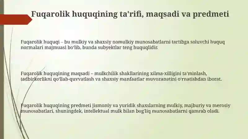 Fuqarolik huquqi faniga kirish,fanning maqsadi va predmeti 3