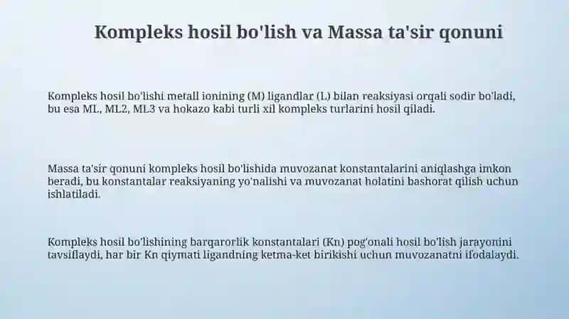 Kompleks hosil bo'lishi va ularni dissosiyalanish jarayoniga massalar tasiri qonuni 3