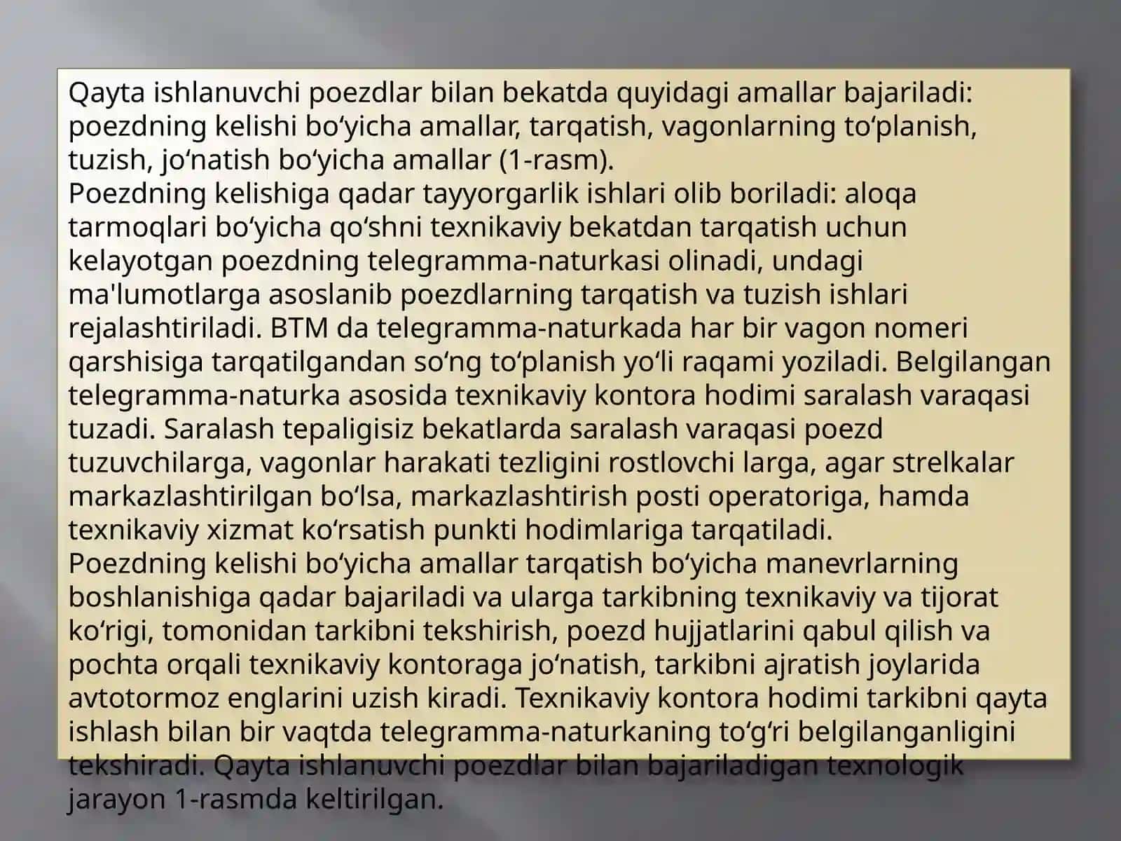 Bekatda uchastka bekatining sutkali ish grafigida mahalliy vagonlar bilan ishlash 3