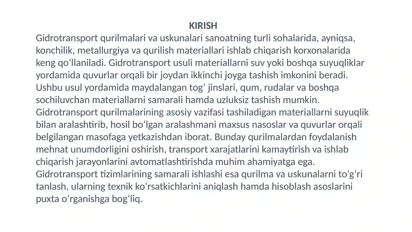 GIDROTRANSPORT QURILMALARI, USKUNALARI VA ULARNI HISOBLASH ASOSLARI 3