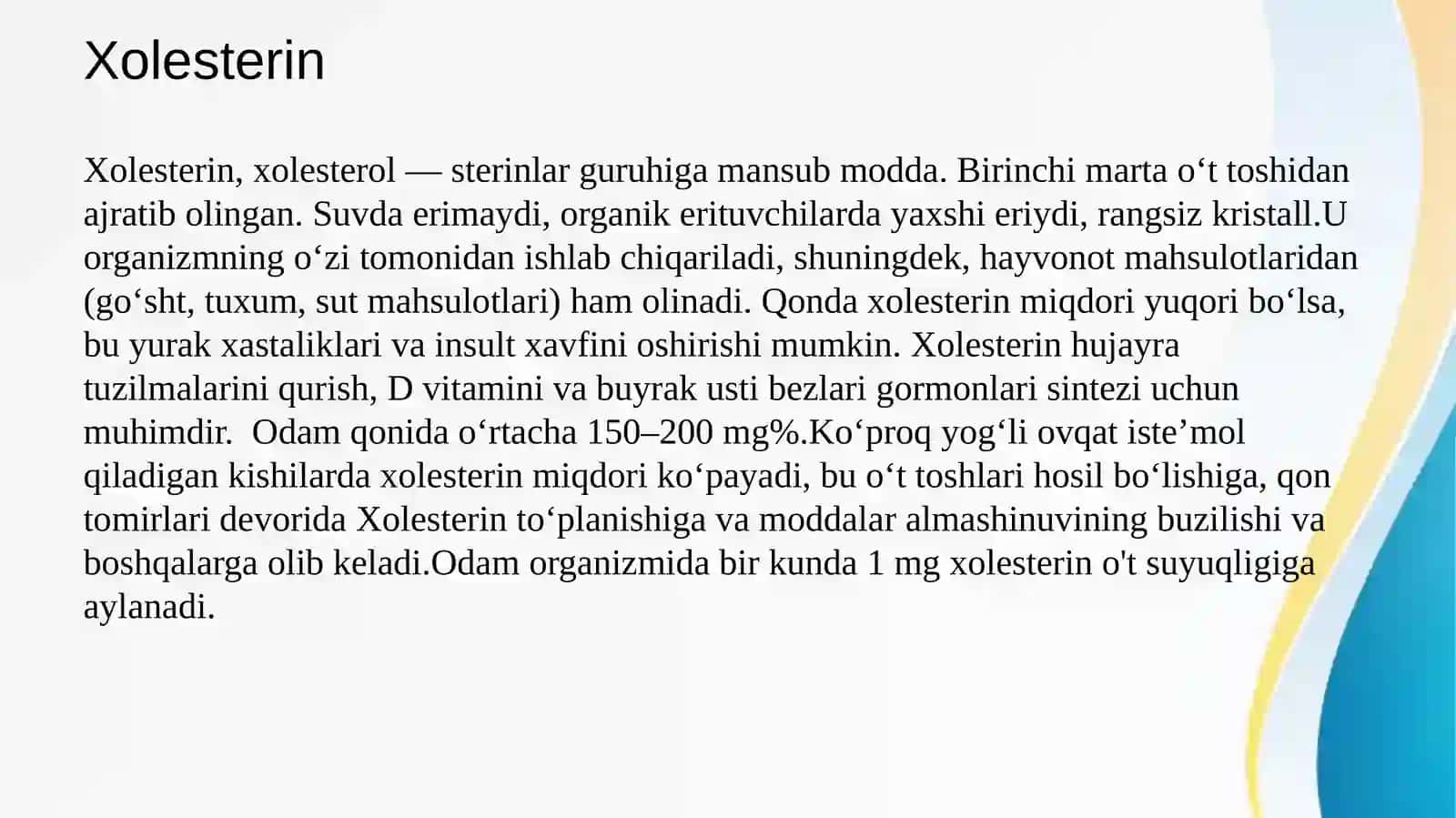 Murakkab lipidlar almashinuvi.xolesterin metabolizmi.yog’lar almashinuvining boshqarilishi 3