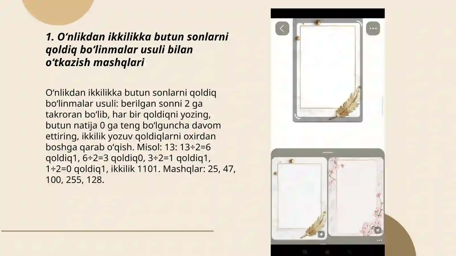 Oʻnlikdan ikkilikka butun sonlarni qoldiq boʻlinmalar usuli bilan oʻtkazish mashqlari 3