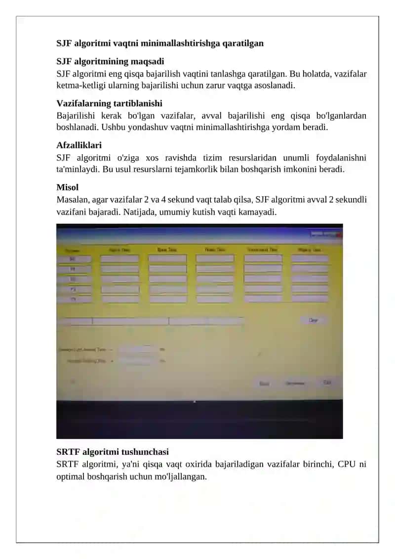SJF va SRTF algoritmlarini eng yuqori I/U sharoitida solishtiring (Gantt diagrammasi misollari bilan) 3