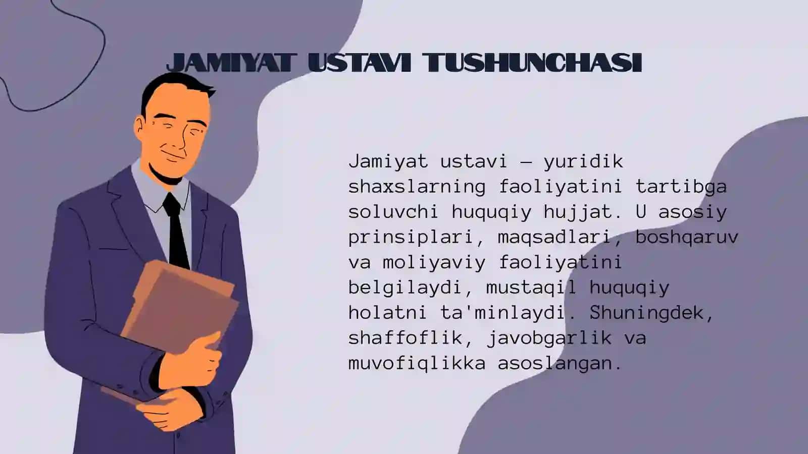 Jamiyat ustavi tushunchasi. Tijorati bo'lmagan yuridik shaxslarning jamiyat ustavi. (2) 3