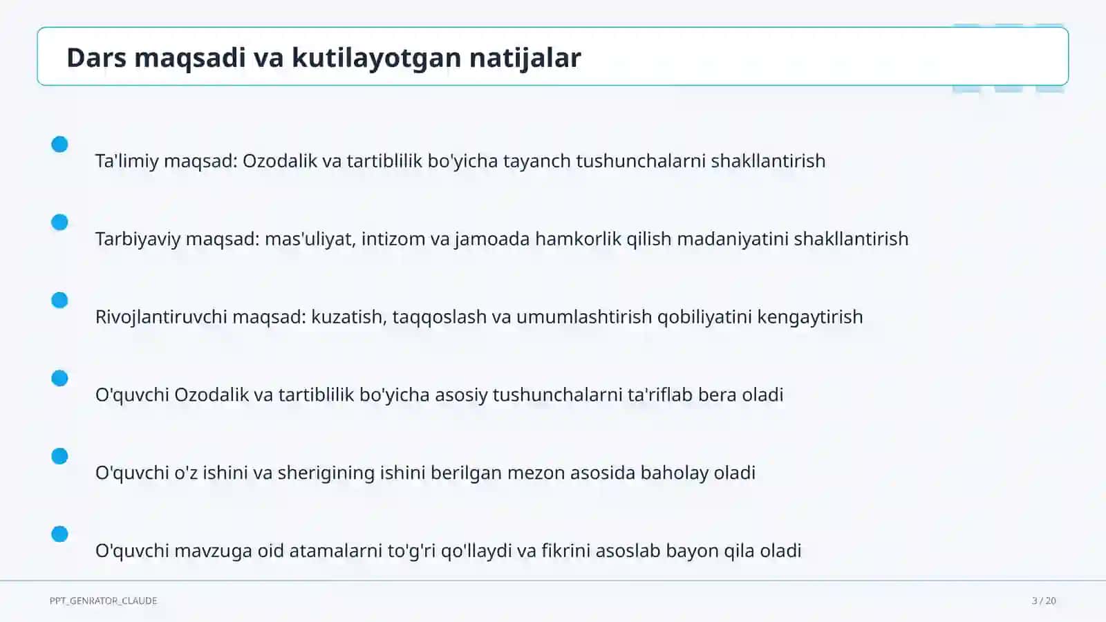 Tarbiya fani (1–11) — ochiq dars uchun 3