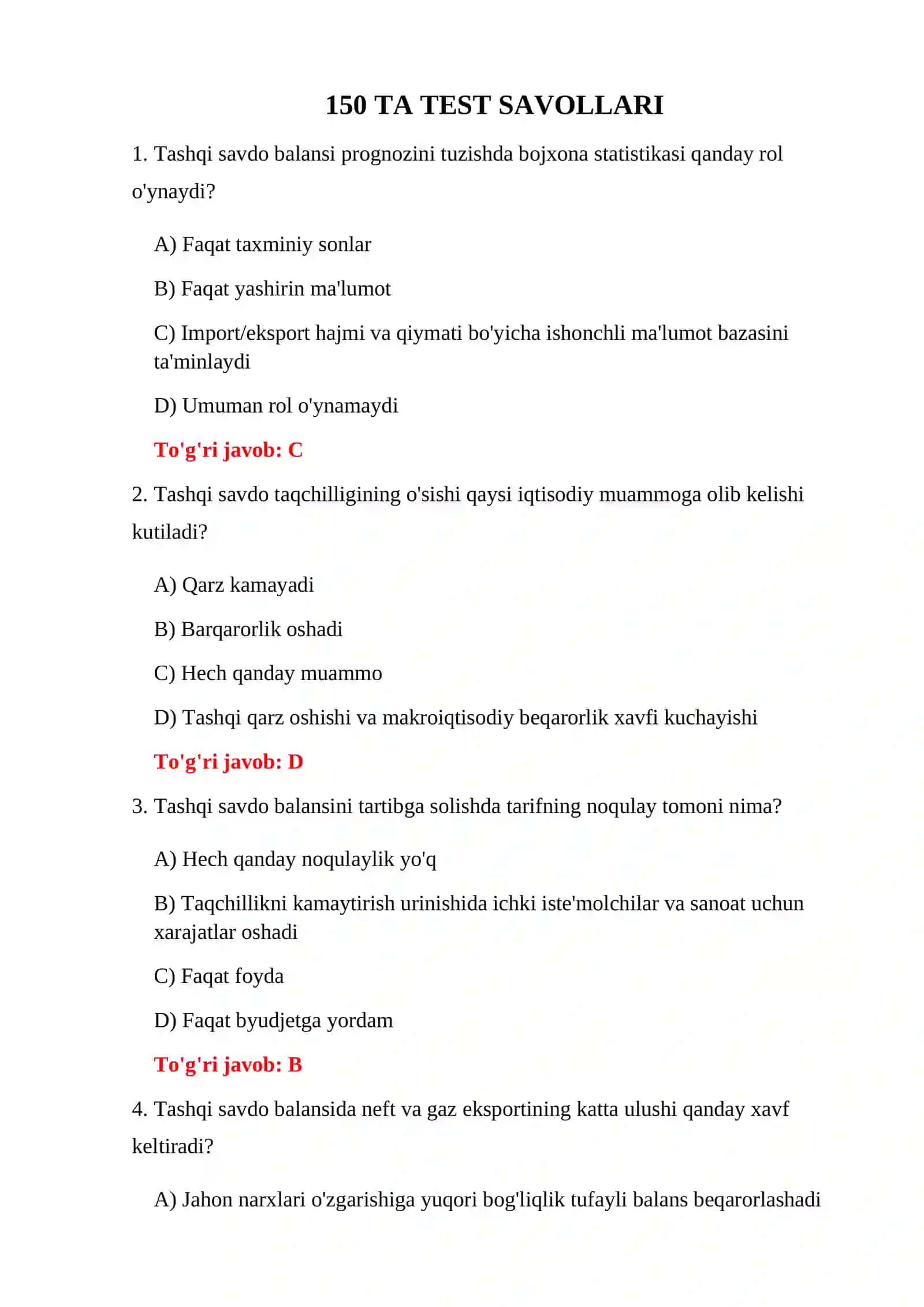BOJXONA IQTISODIYOTI TESTLARI 3