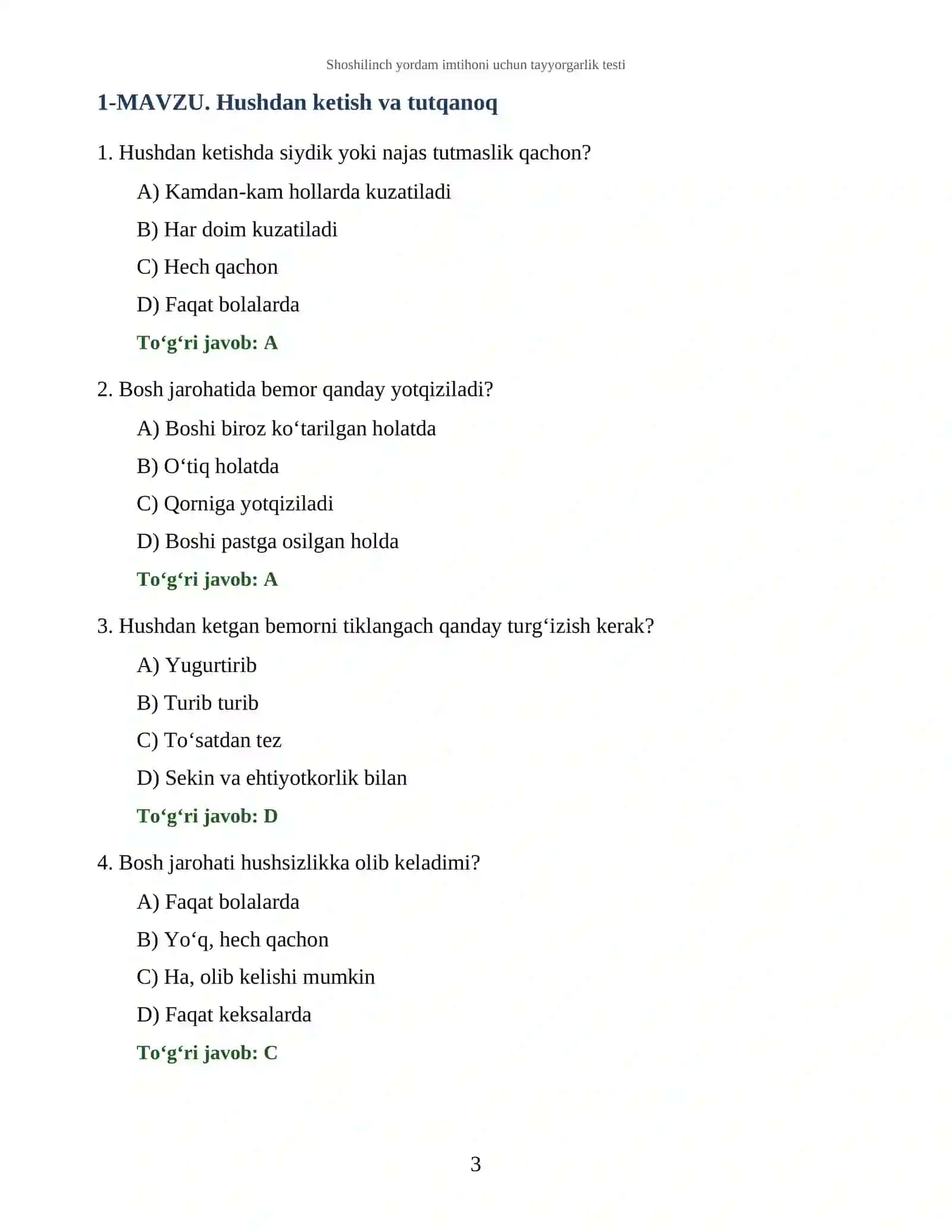 Shoshilinch yordam imtihoni uchun tayyorgarlik testi 3