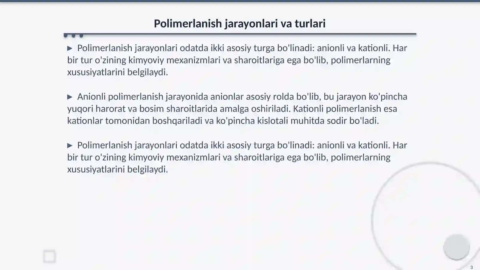 Anionli va kationli polimerlanish reaksiyalari va ularning oʻziga xos xususiyatlari 3