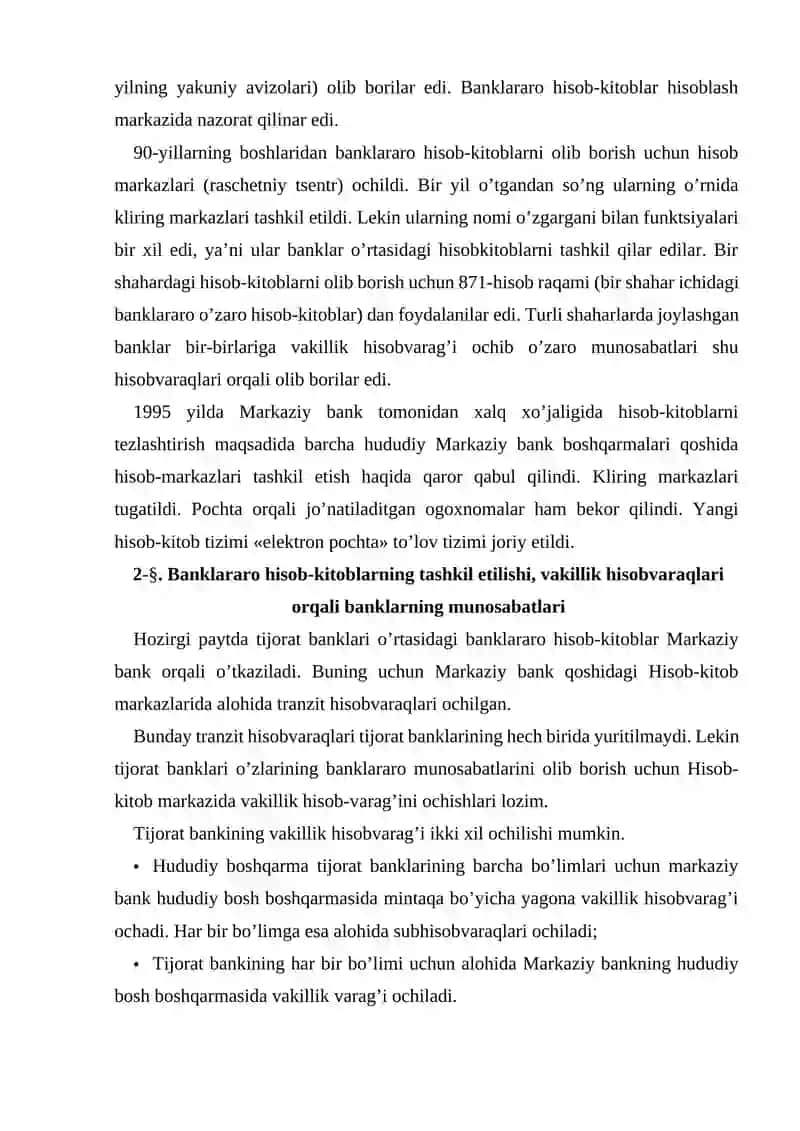 Banklararo hisob-kitoblarning mazmuni va ularning tashkil yetilishi 3