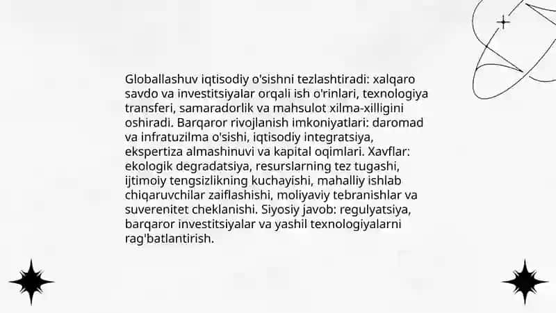 Barqaror taraqqiyotni ta'minlashda globallashuvning ijobiy va salbiy yo'nalishlari 3