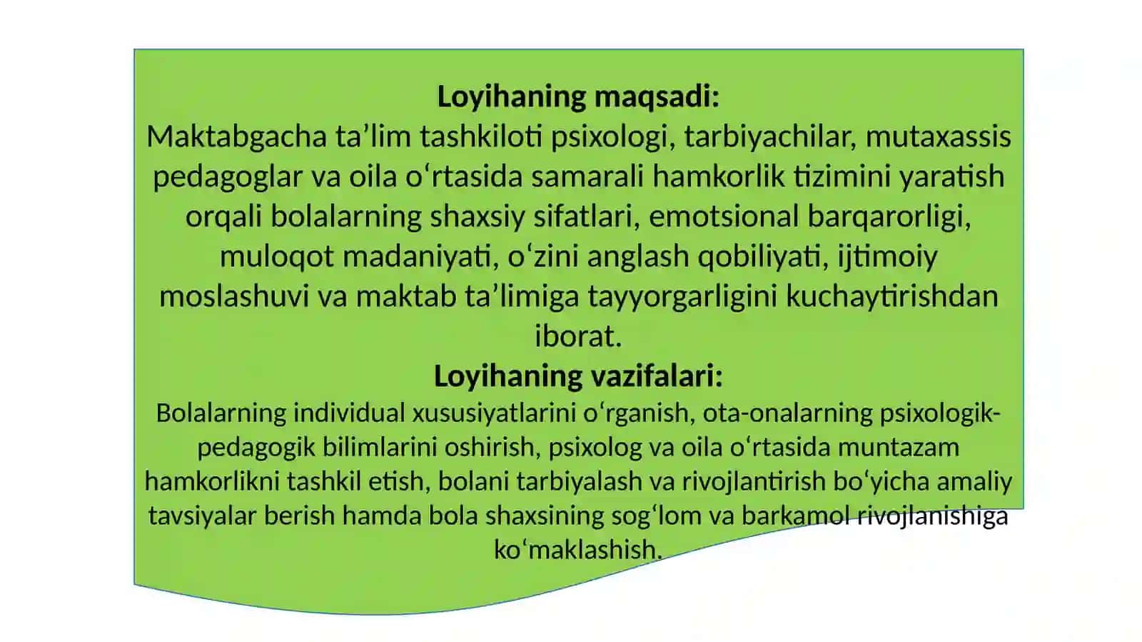 "Bolalar shaxsini rivojlantirishda maktabgacha ta’lim tashkiloti psixologi va oila hamkorligi" loyihasi 3