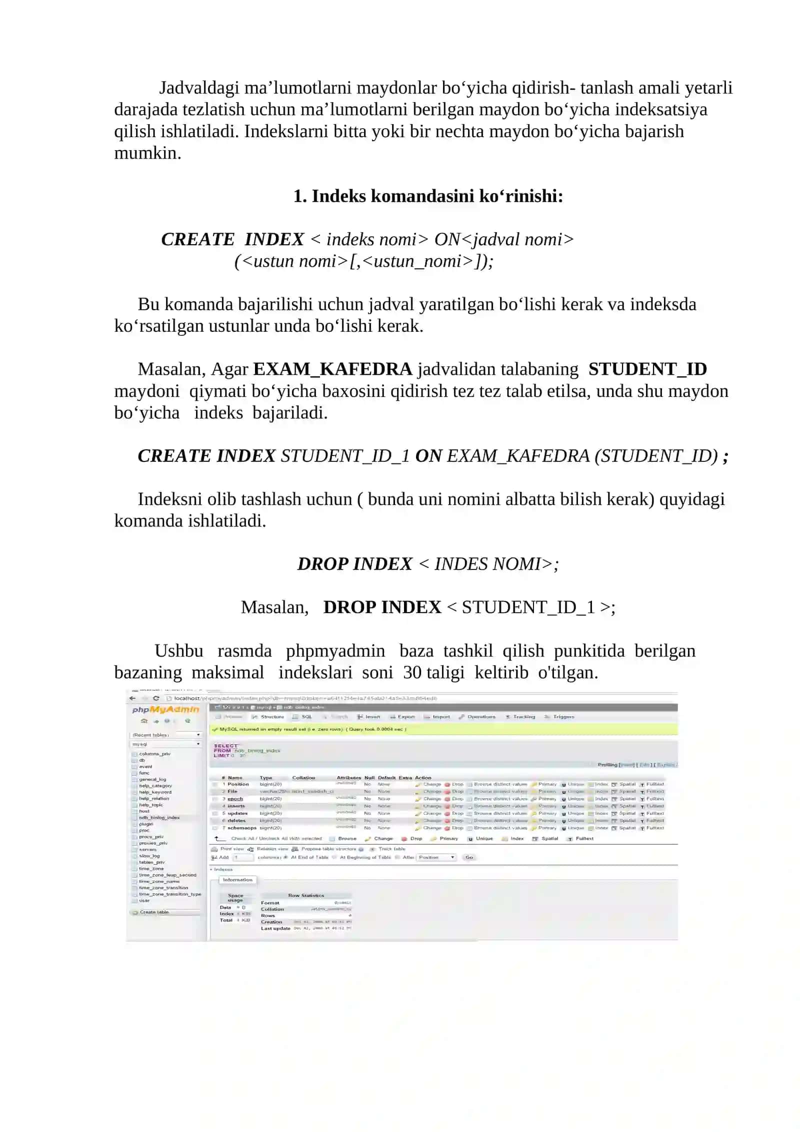 SQL  tilida   Indexlar  bilan   ishlash 3