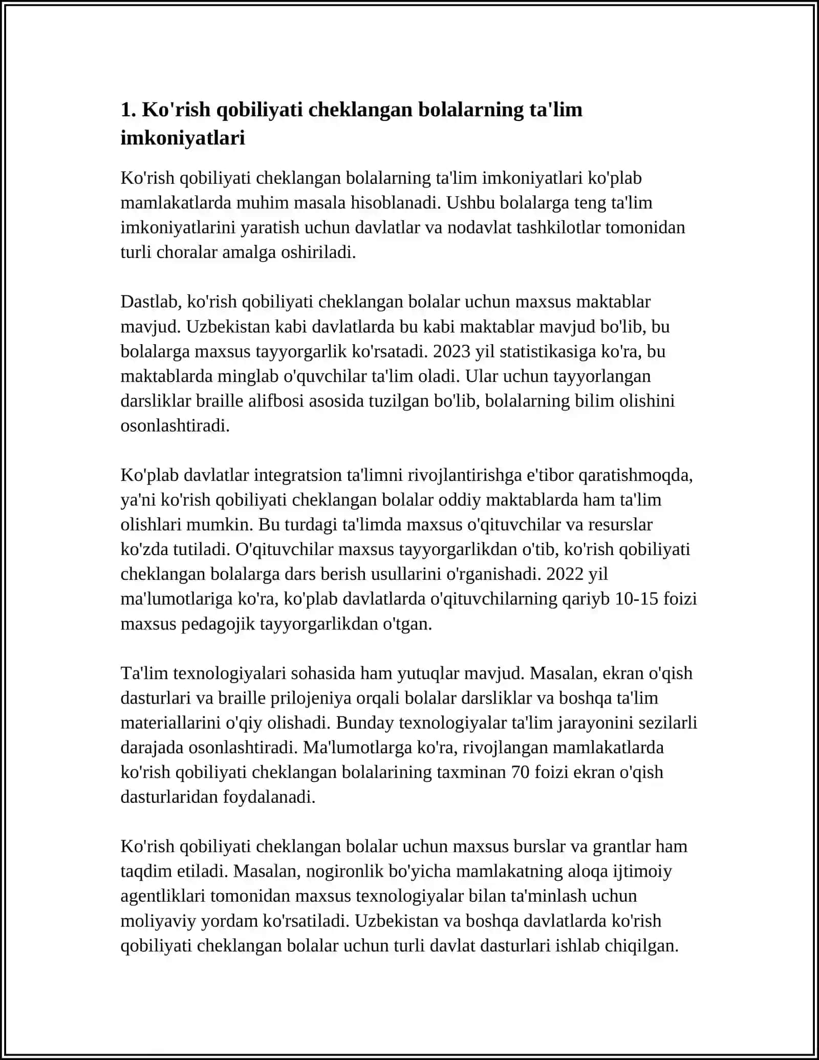 MUSTAQIL ISH Mavzu: KORISH QOBILIYATI CHEKLANGAN BOLALAR 3
