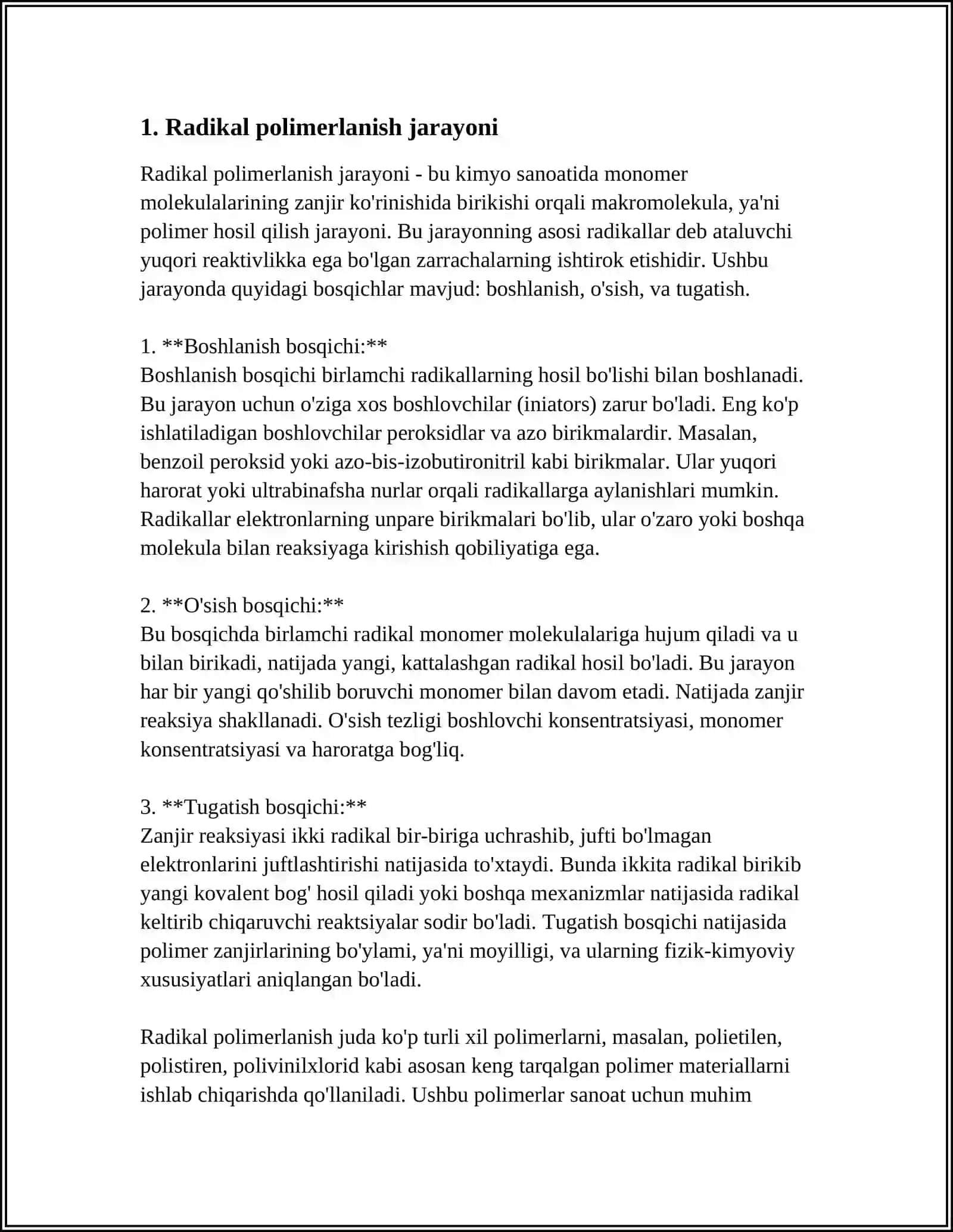 RADIKAL VA ION POLIMERLANISH. RADIKAL POLIMERLANISH QONUNIYATLARI JARAYON BOSQICHLARI. RADIKAL POLIMERLANISHDA FAOL MARKAZ HOSIL QILISH TURLARI 3