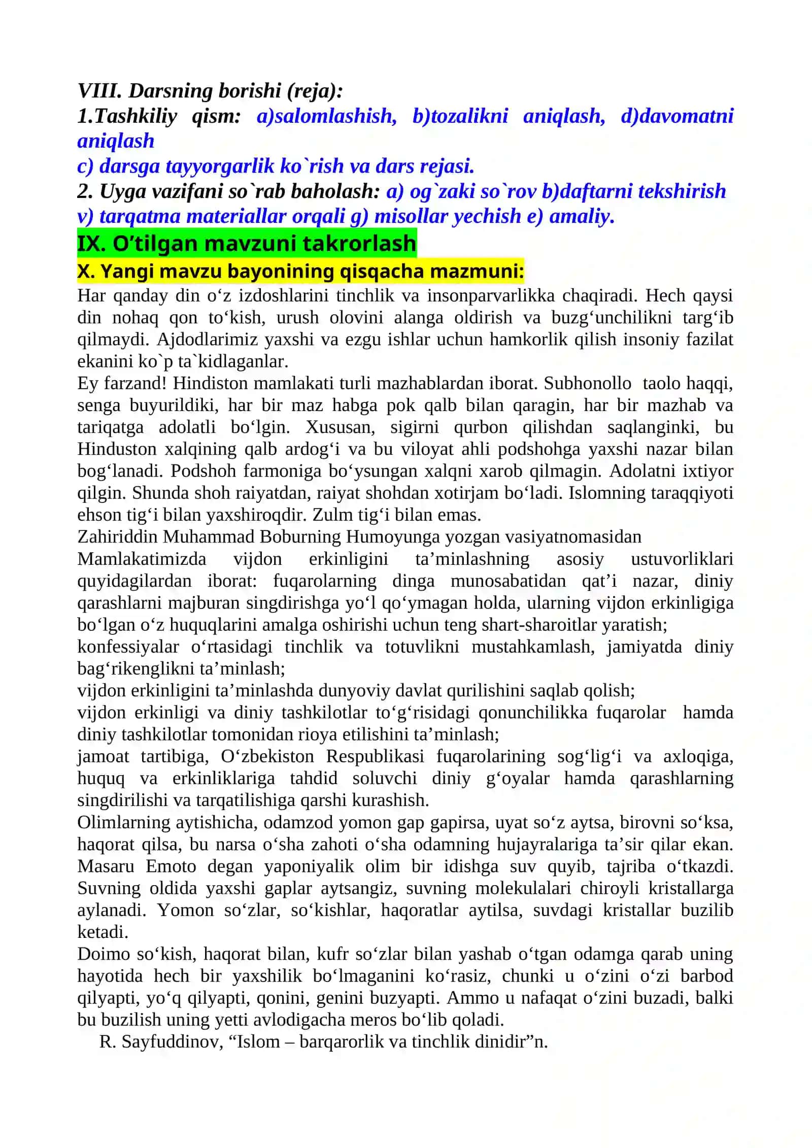 "DUNYO DINLARIDA TINCHLIK G`OYASI" mavzusida tayyorlangan bir soatlik 3