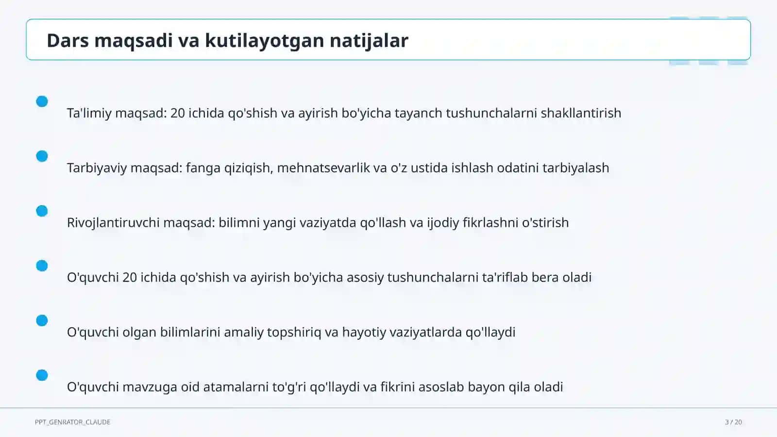 20 ichida qo'shish va ayirish (1-sinf) 3