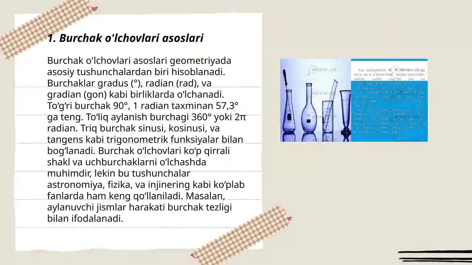 Burchak o'lchovlari turlarini o'rganish va har bir o'lchov turining qo'llanilishi 3