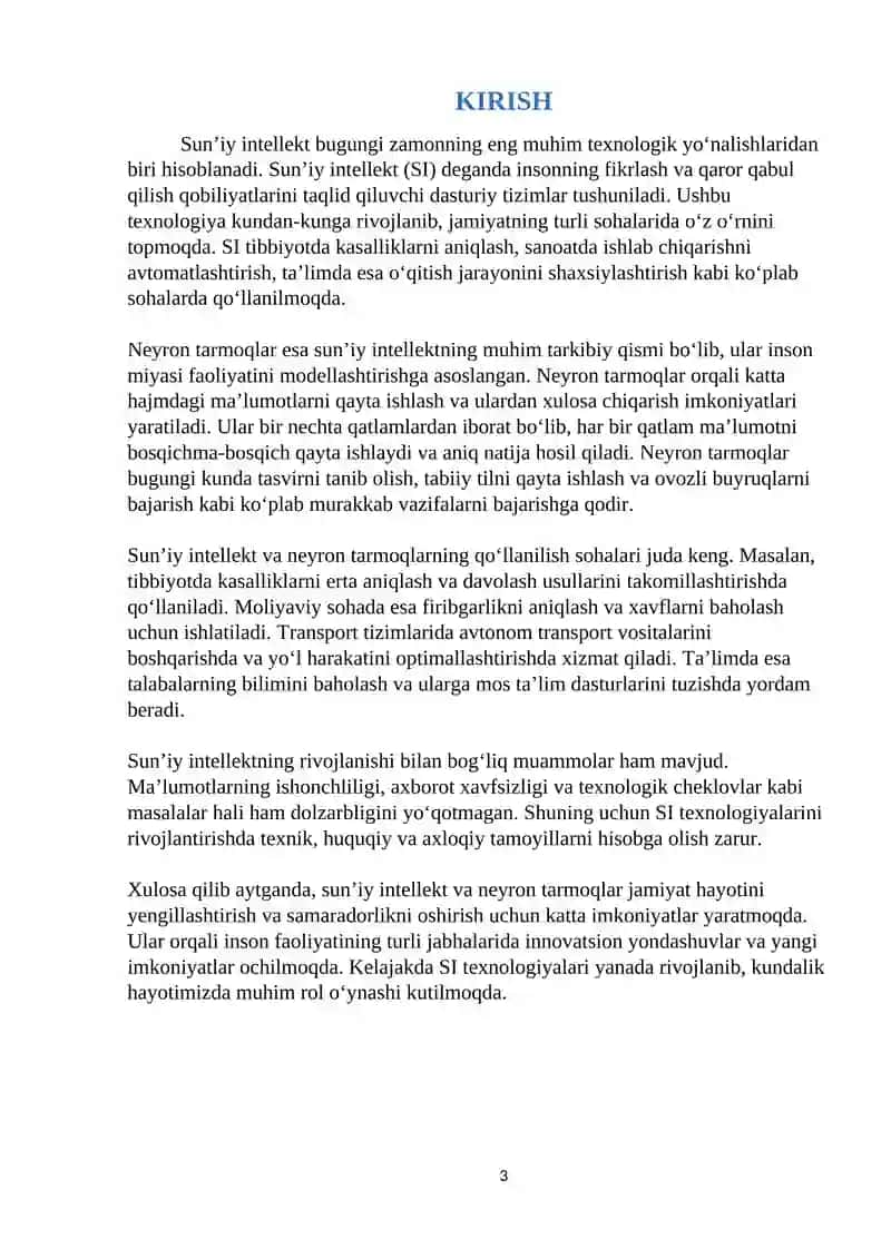 Sun’iy intlekt va  neytrontarmoqlari. Dedlayn No/5 3