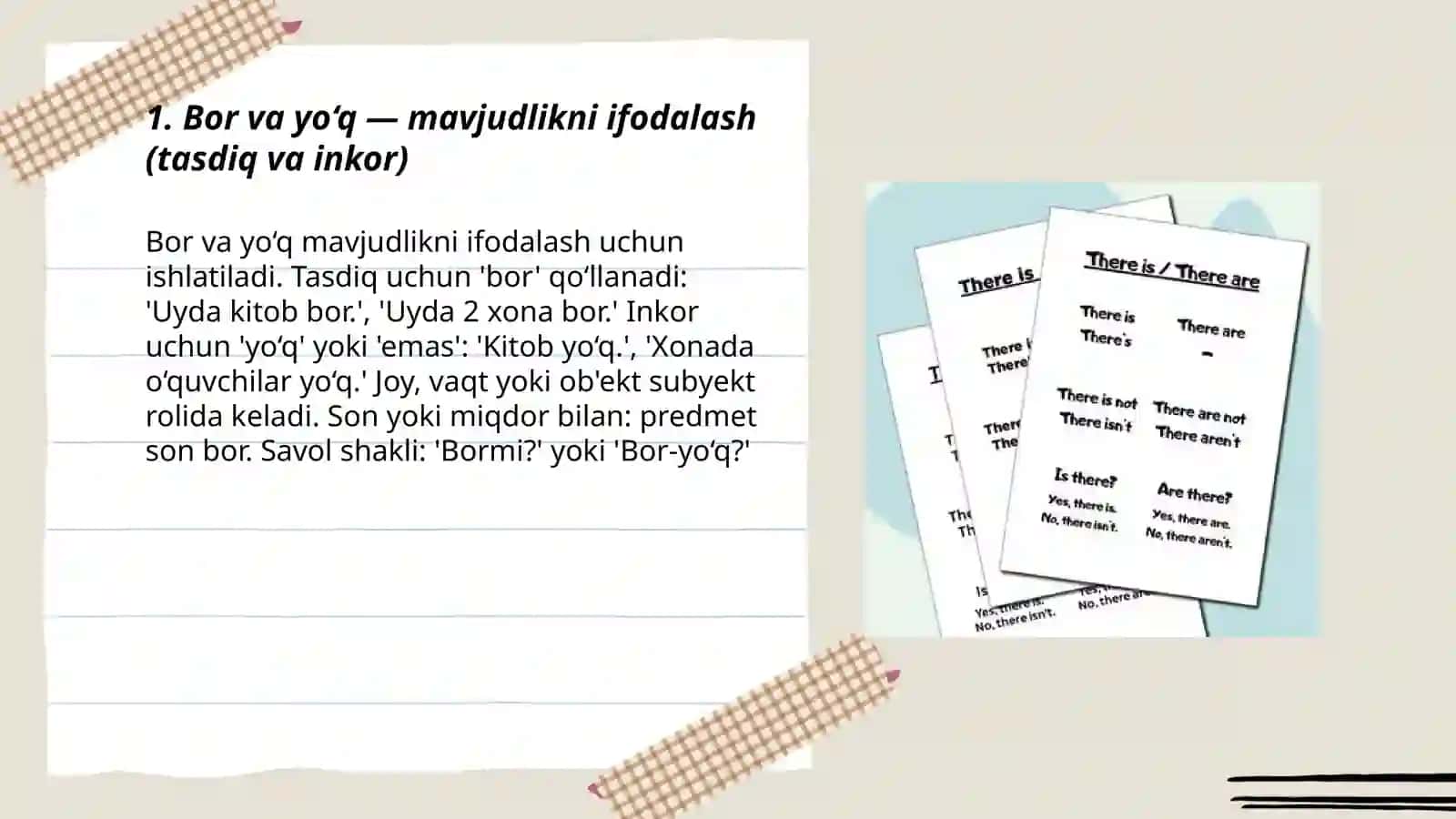 Bor va yo‘q — mavjudlikni ifodalash (tasdiq va inkor) 3