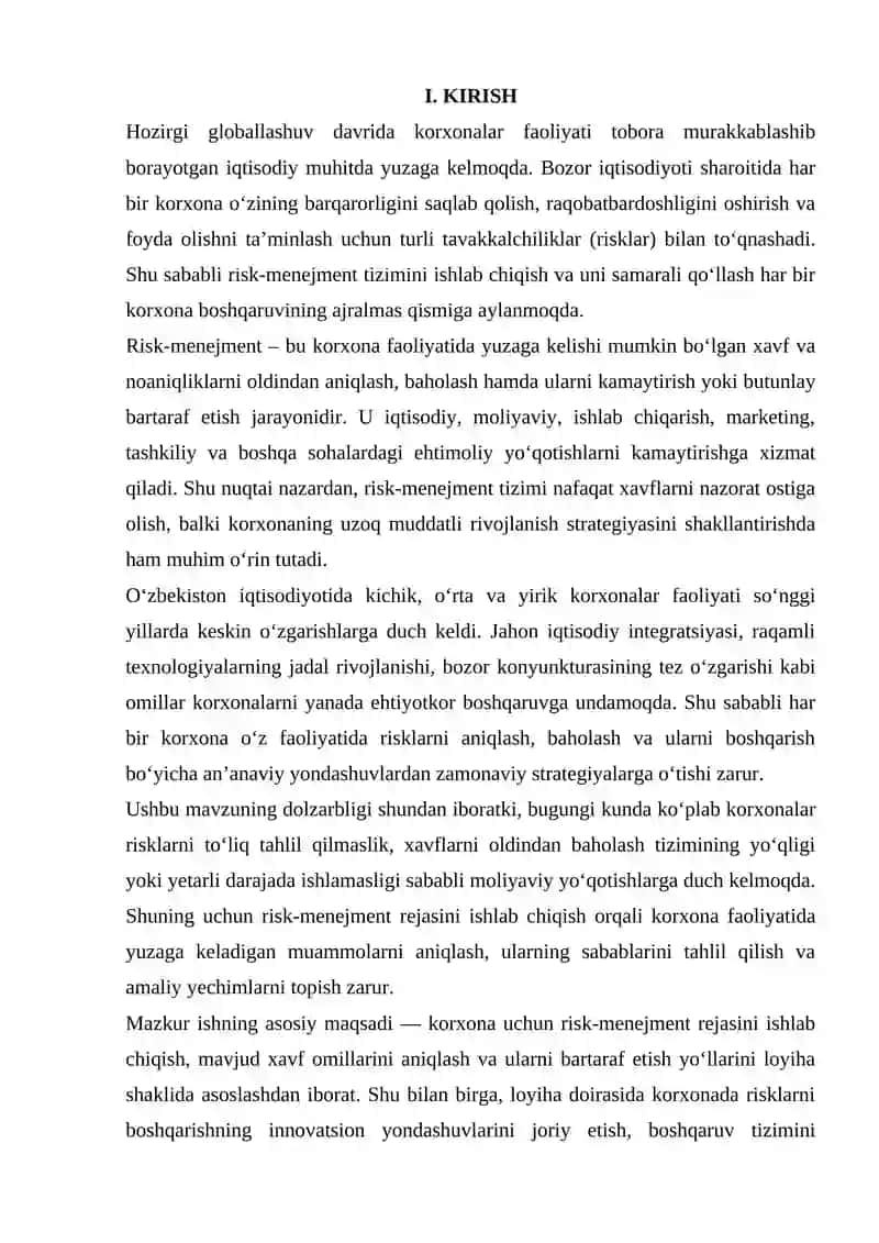 KORXONA UCHUN RISK MENEJMENT REJASI TUZISH MUOMMONI ANIQLASH VA YECHIMLARINI LOYIHA SHAKLIDA ISHLAB BCHIQISH 3