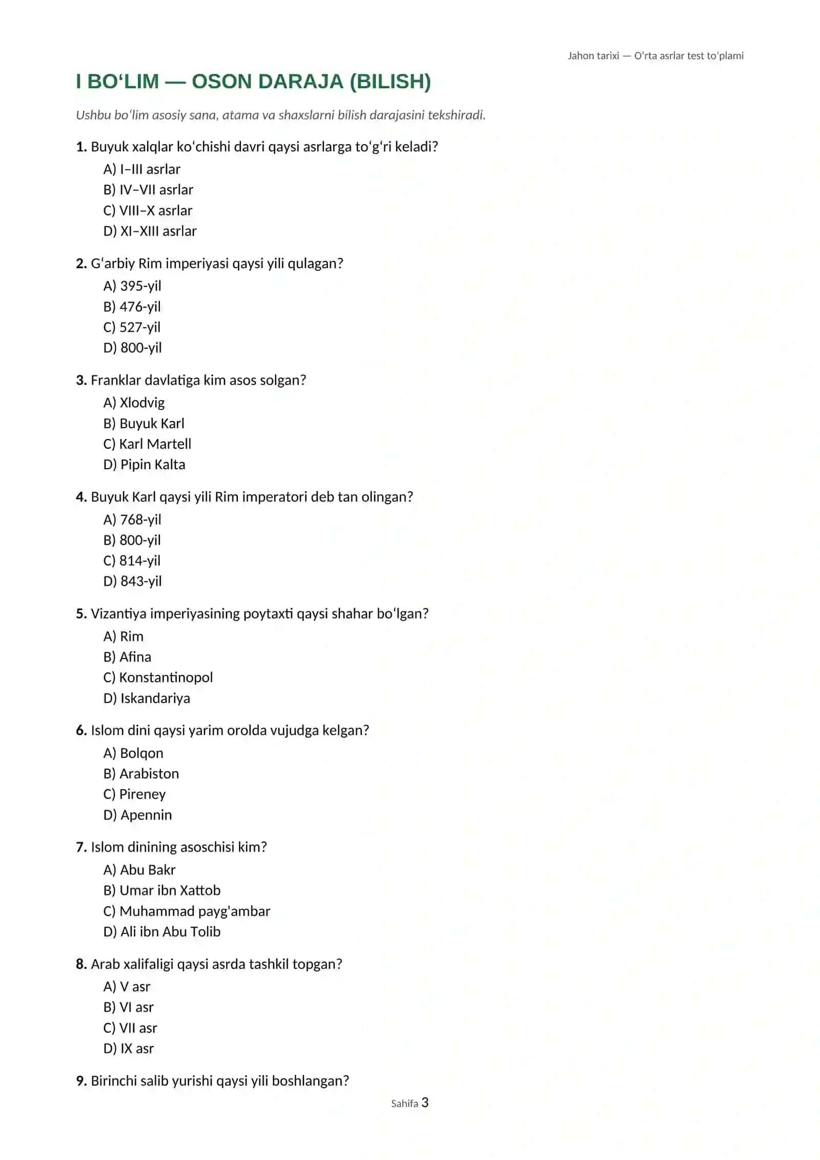 Jahon tarixi — Oʻrta asrlar davri boʻyicha test toʻplami (7-sinf) 3