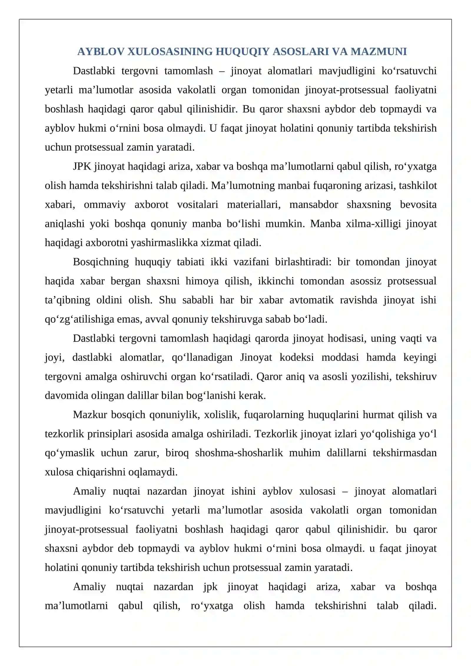 Dastlabki tergovni ayblov xulosasini tuzish bilan tamomlash 3