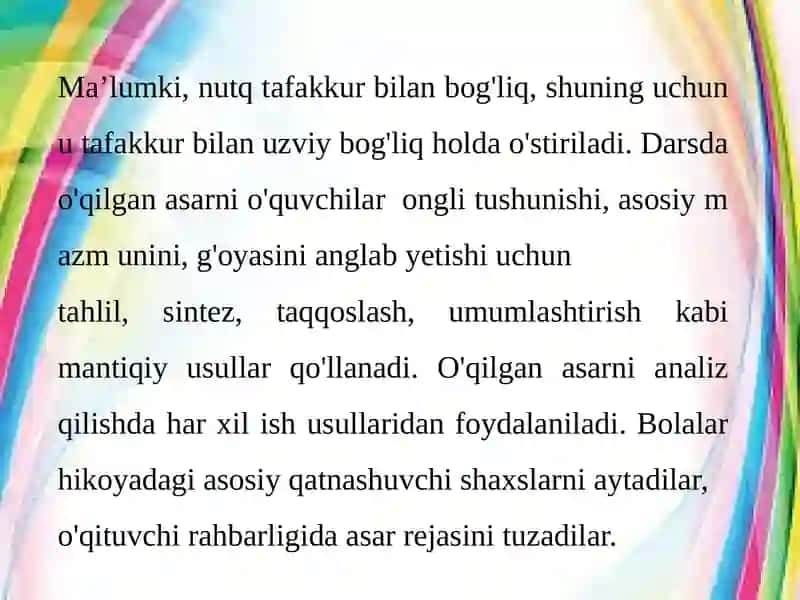 Boshlang‘ich ta’limda matn ustida ishlash orqali o‘quvchilar nutqini va mustaqil fikrlash qobiliyatini o‘stirish. Boshlang‘ich ta’lim jarayonida o‘quvchilarni ijodiy matn tuzishga o‘rgatish, diktant, bayon va insho matni ustida ishlash metodikasi. 3
