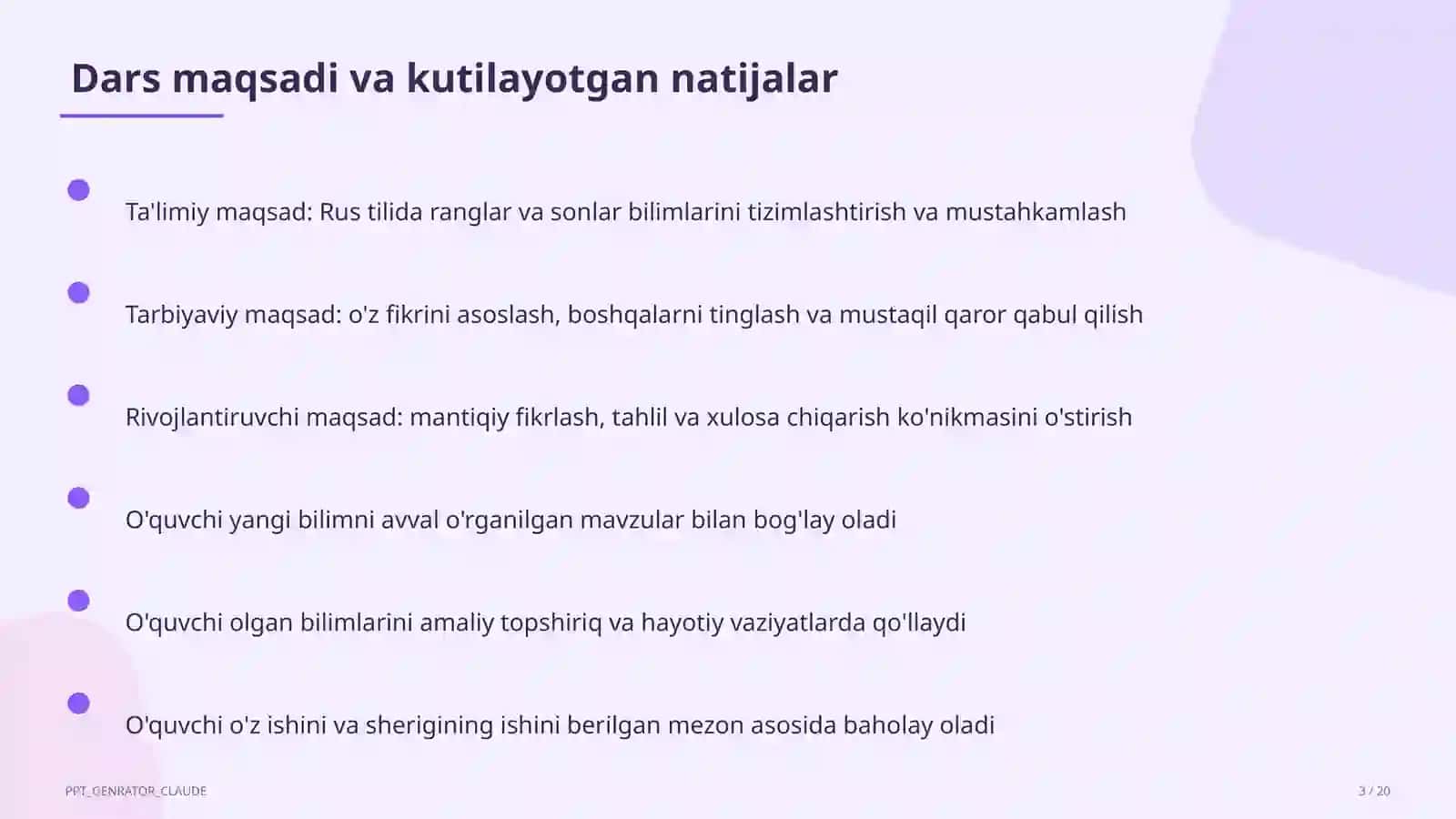 Rus tilida ranglar va sonlar (2-sinf) 3