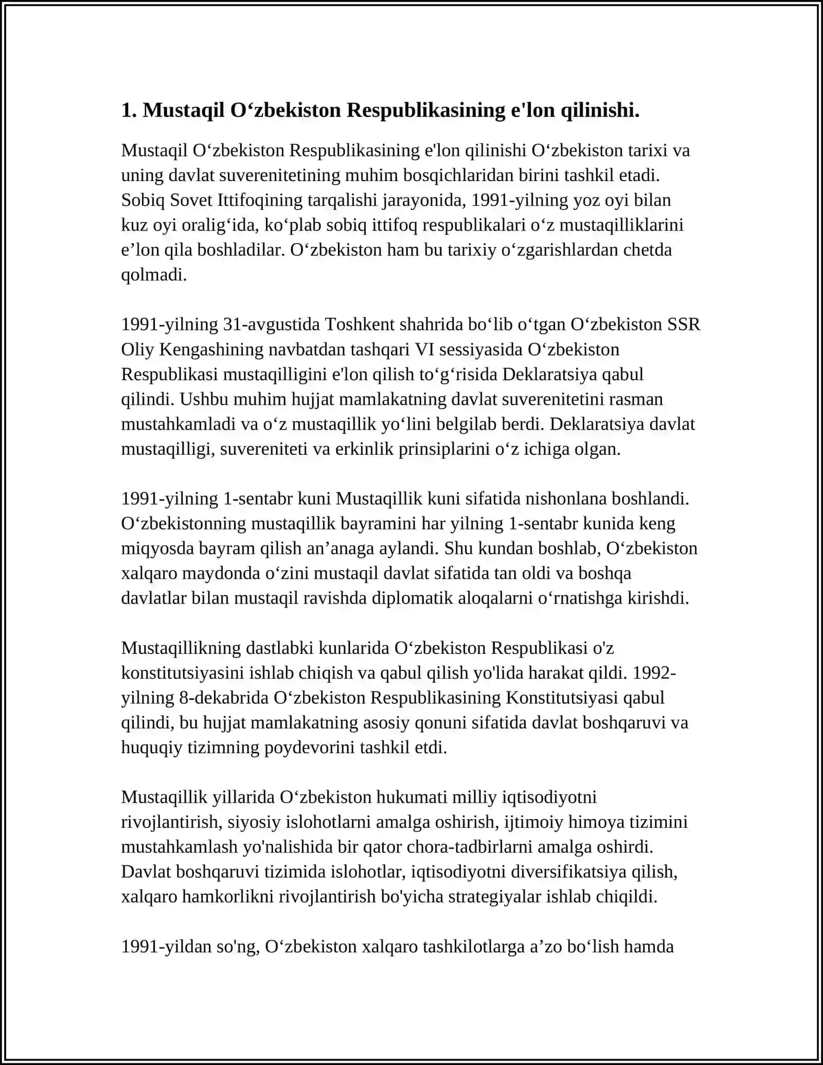 MUSTAQIL OʻZBEKISTON RESPUBLIKASI TASHKIL TOPISHI VA TARIXIY AHAMIYATI 3