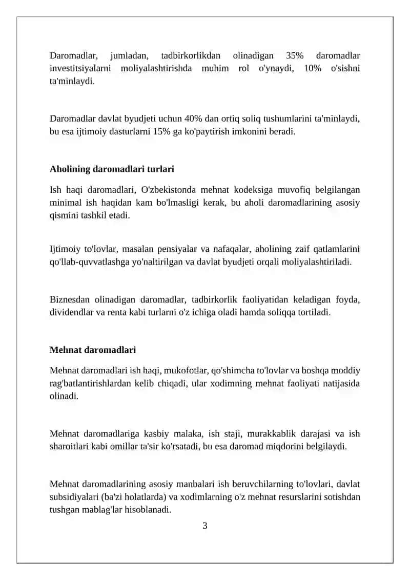 Aholi daromadlarining mazmuni turlari, shaklanish mabalari 3