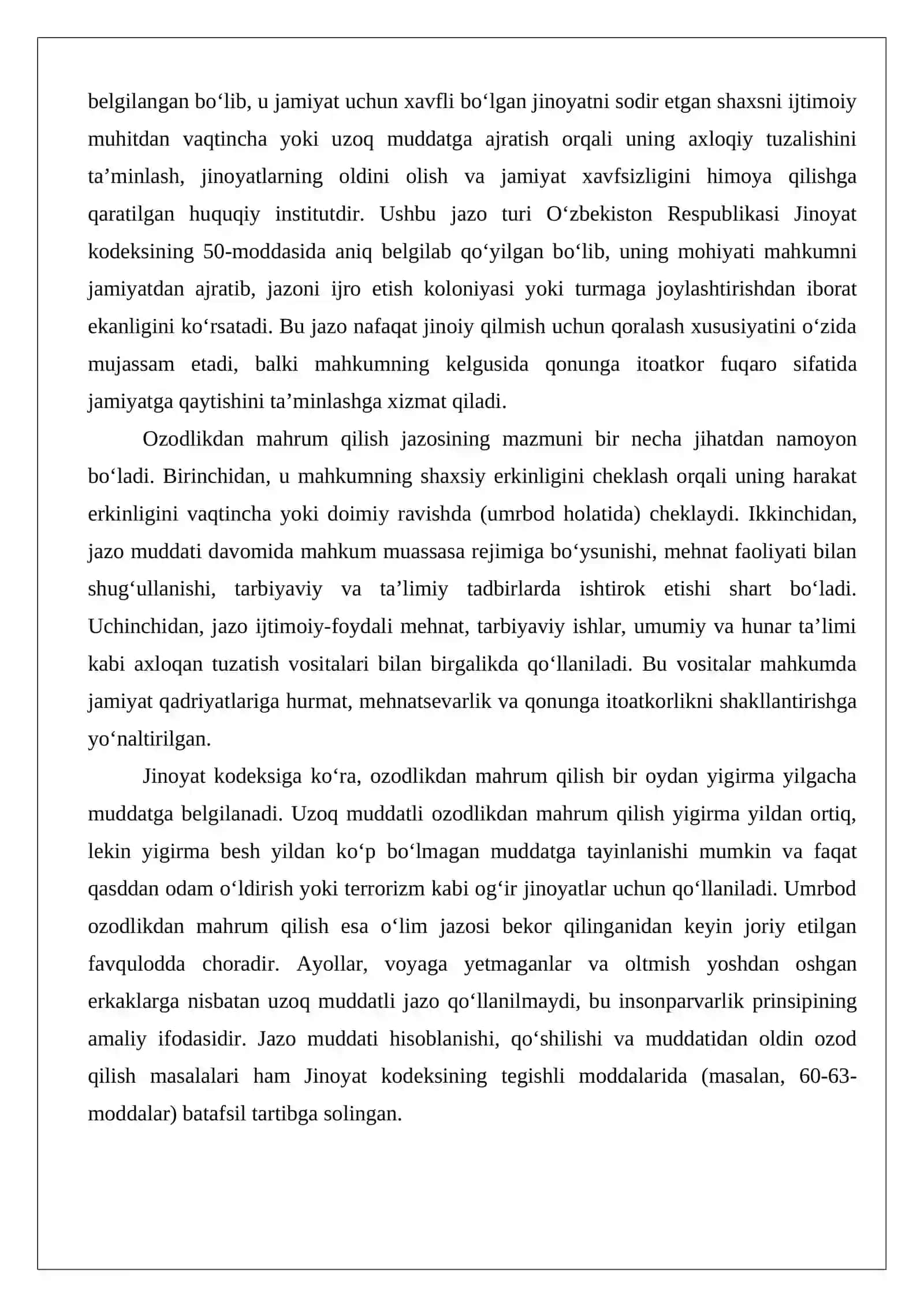 Ozodlikdan mahrum qilish tariqasidagi jazoni o‘tayotgan shaxslarning huquqlari 3