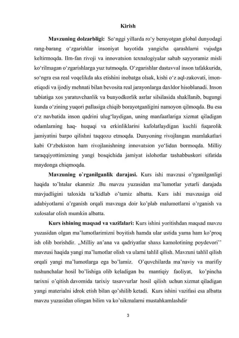 MILLIY AN’ANA VA QADRIYATLAR SHAXS KAMOLOTINING POYDEVORI MAVZUSIDA KURS ISHI 3