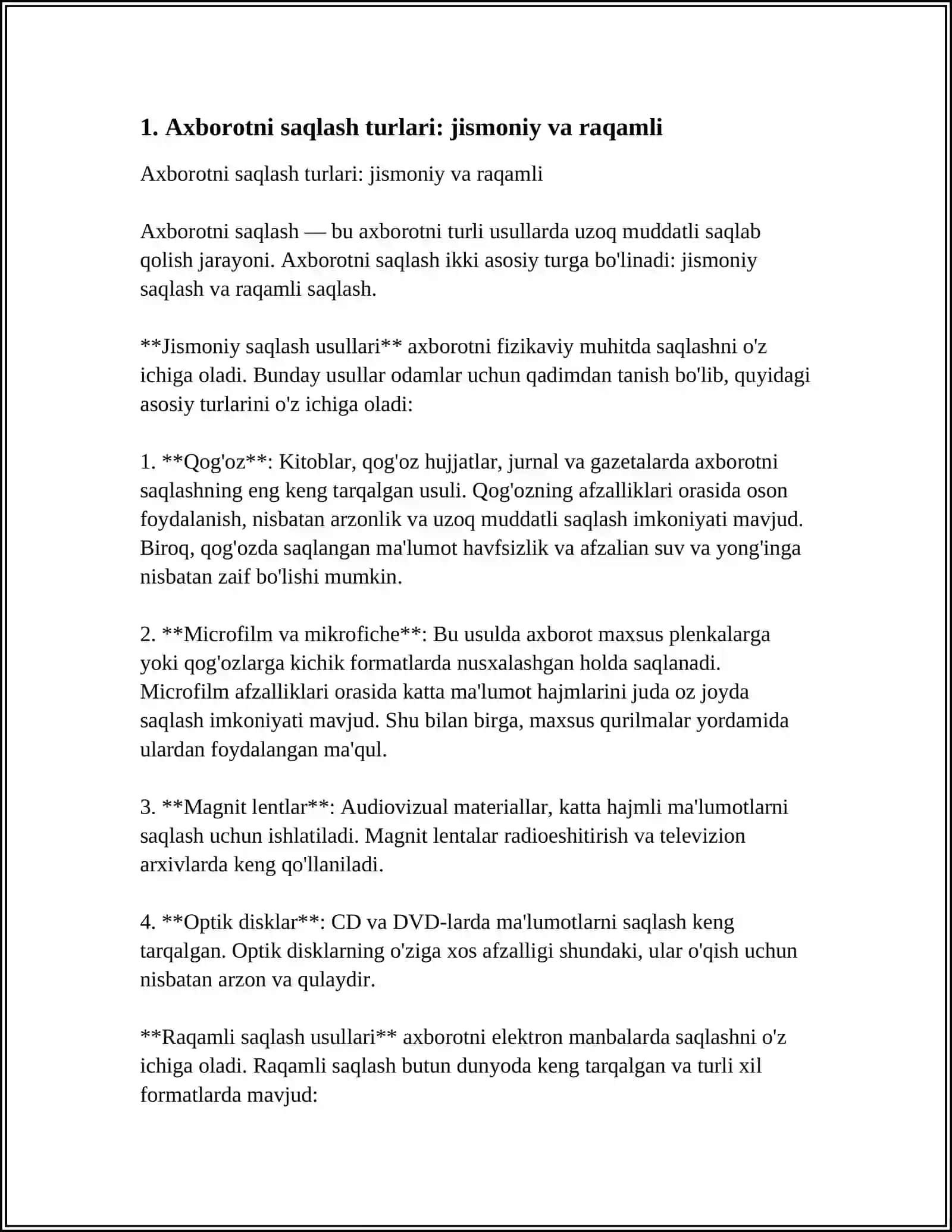AXBOROTLARNI SAQLASH. MA’LUMOTLARNI TASNIFLASH 3