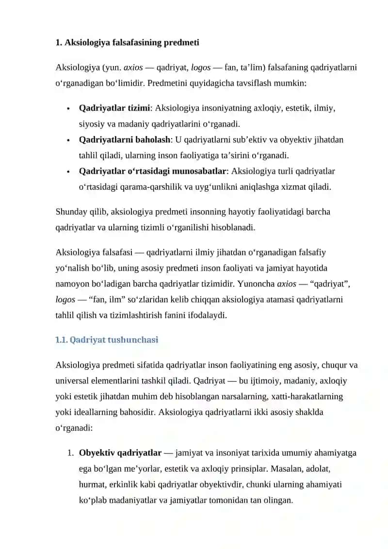 AKSIOLOGIYA FALSAFASINING PREDMETI, MAQSADI VA VAZIFALARI 3