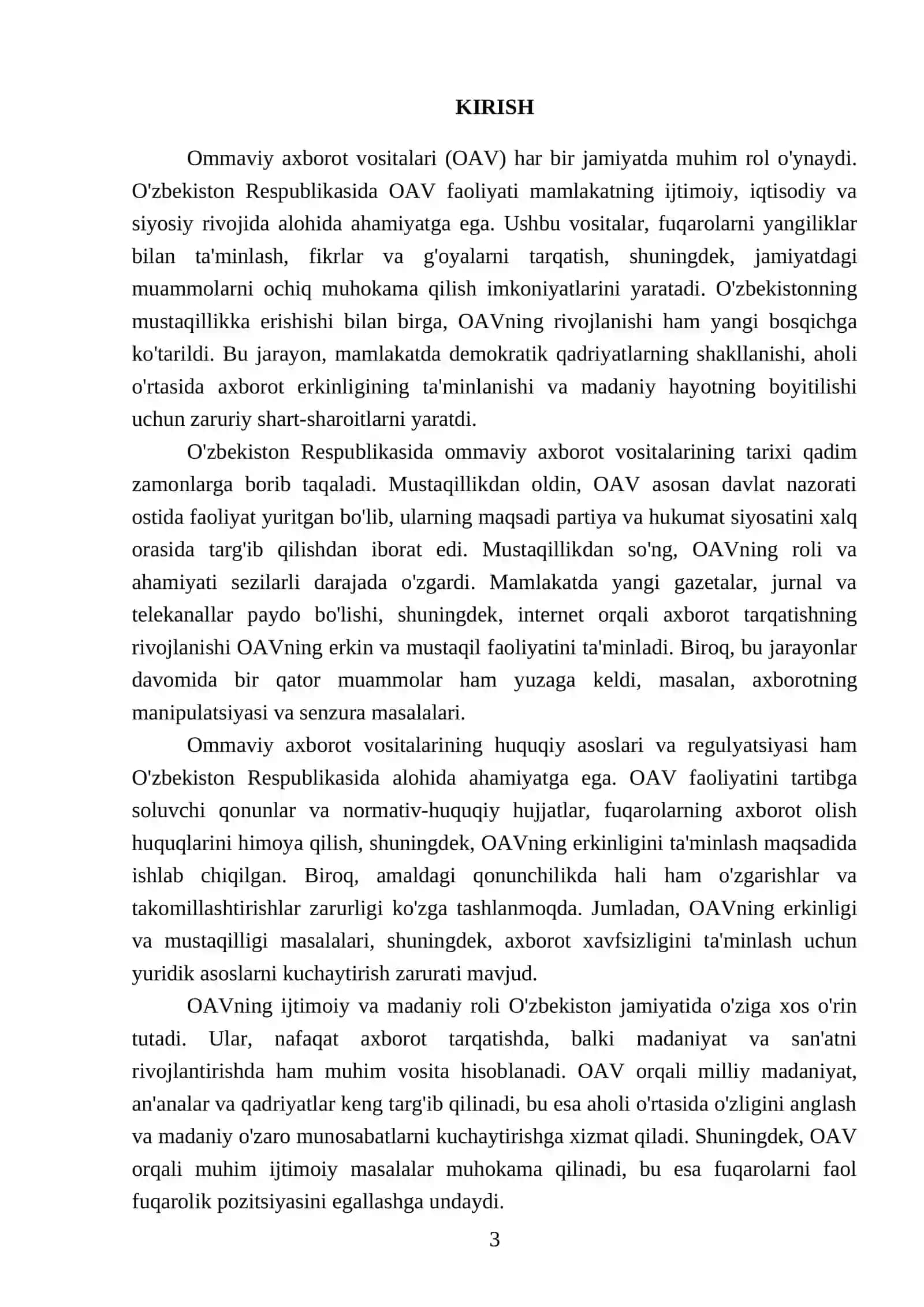 O'zbekiston Respublikasida ommaviy axborot vositalarining faoliyati. 2025-2026 o'quv yili Referati 3