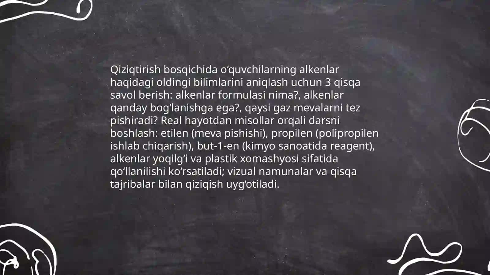Alkenlarning olinishi xossalari ishlatilishi mavzusida 5 E modelidan foydalanish 3
